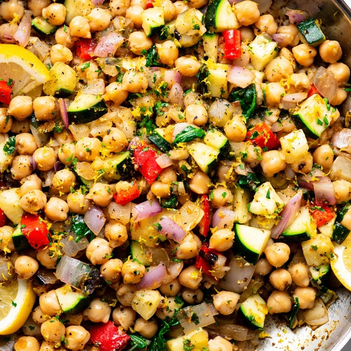 Vibrant Mediterranean chickpea lemon skillet garnished with fresh parsley and lemon wedges