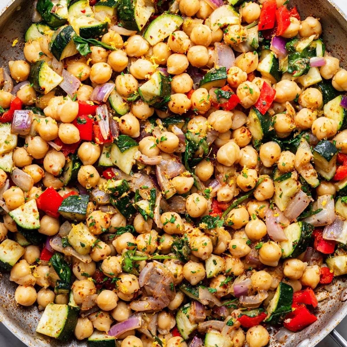 One-pan chickpea lemon skillet featuring spinach, bell peppers, and zucchini in olive oil