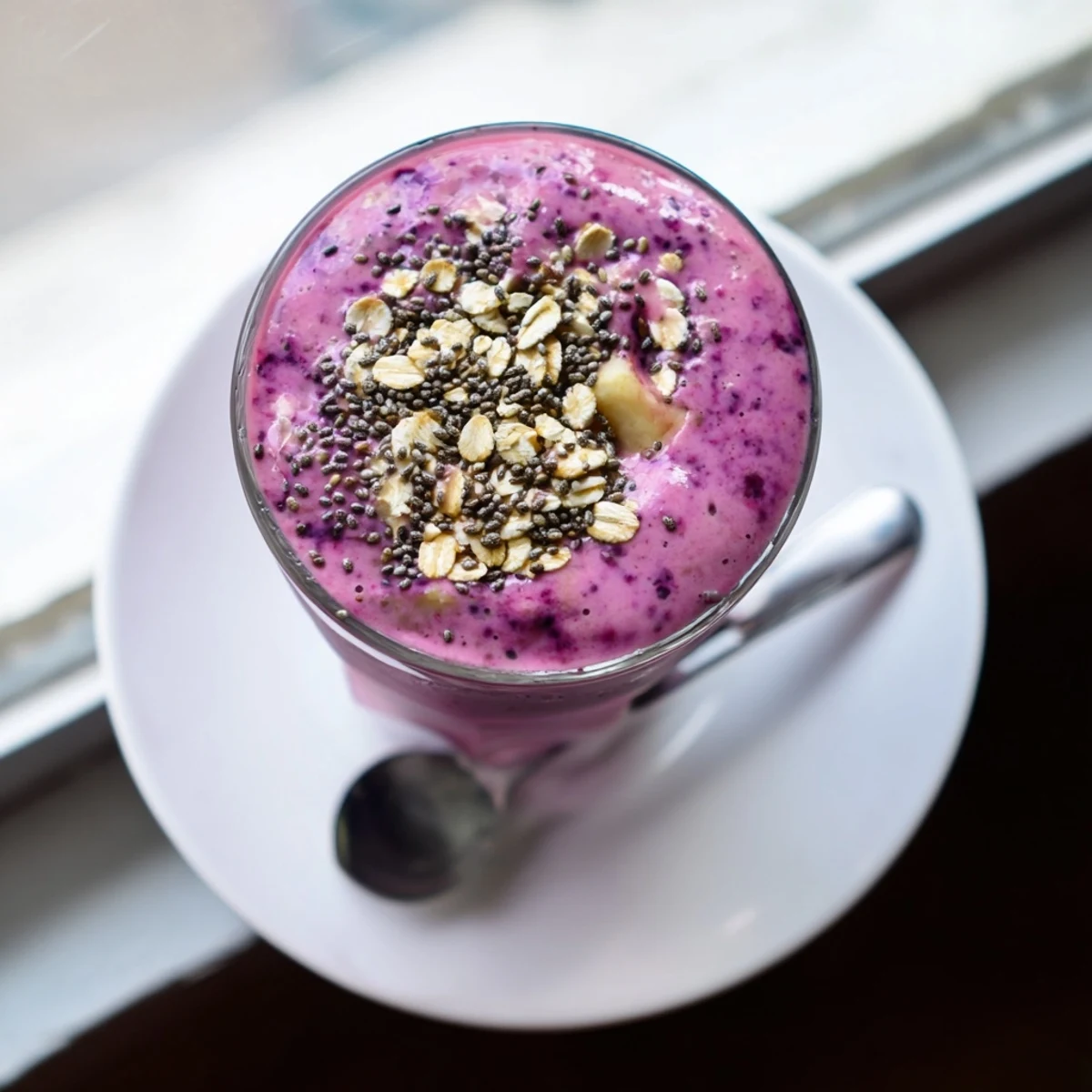 Creamy Greek yogurt breakfast smoothie topped with fresh berries in a tall glass