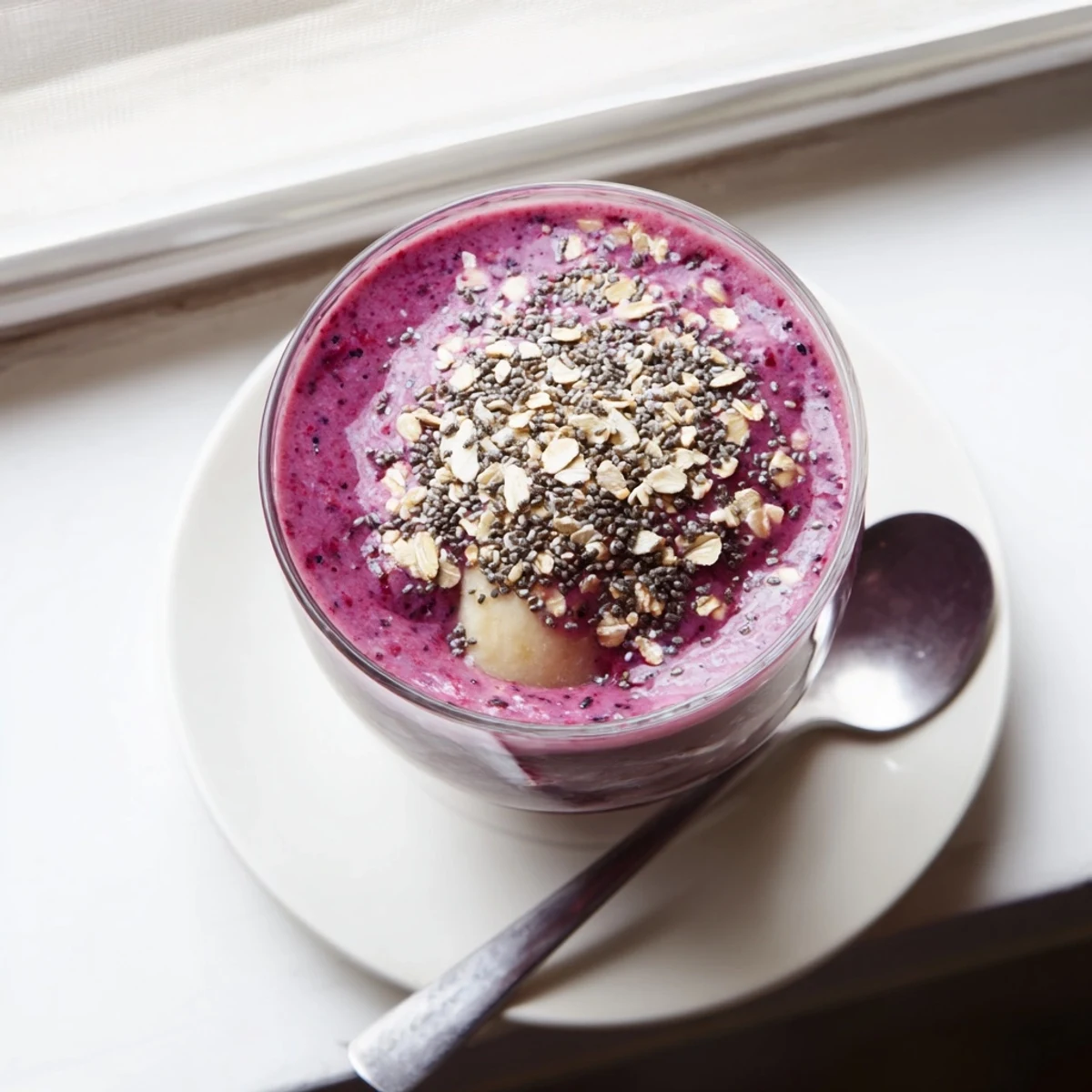 Thick purple Greek yogurt breakfast smoothie blended with banana and mixed berries