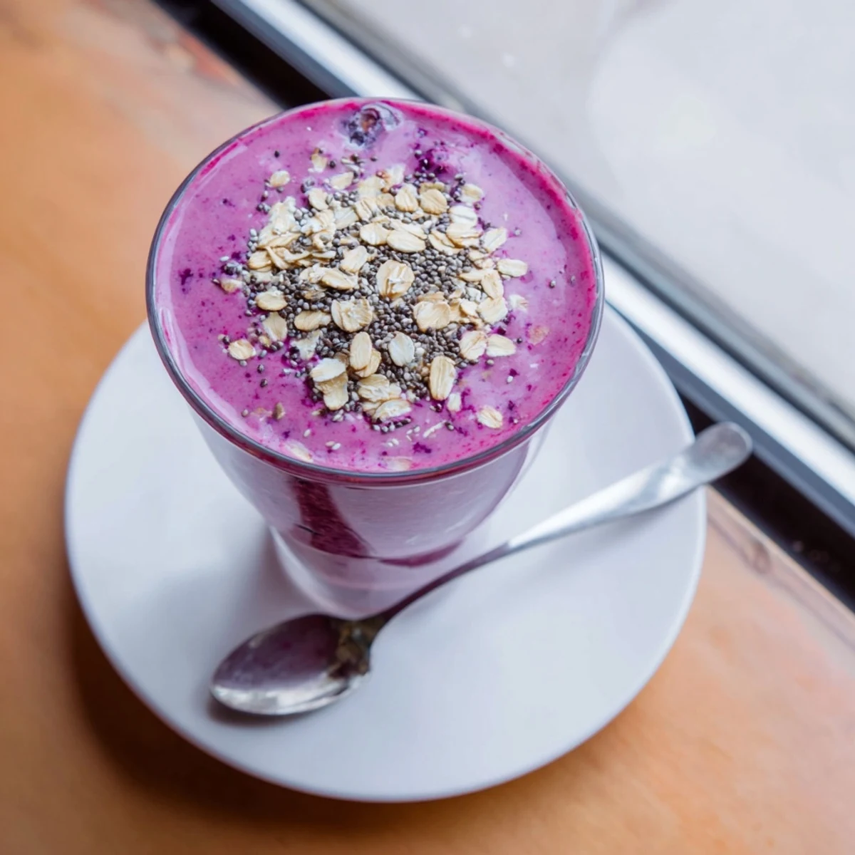 Vibrant Greek yogurt breakfast smoothie poured into glasses with colorful fruit garnish