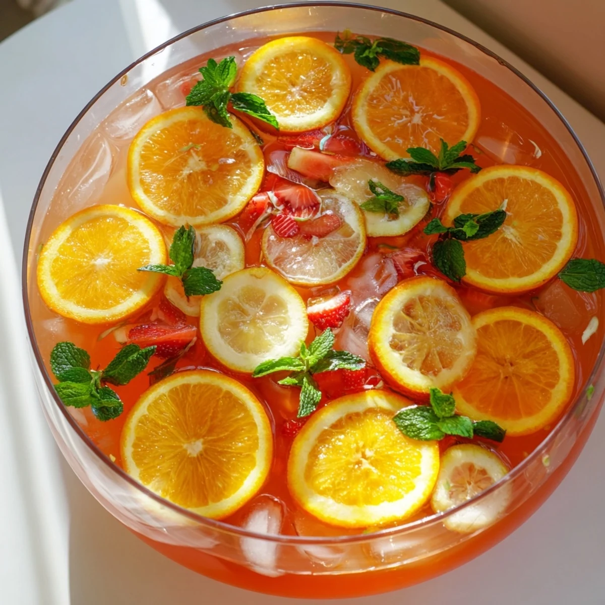 Colorful Easter Punch bowl filled with floating citrus slices, fresh strawberries, and mint leaves in a sparkling fruit drink
