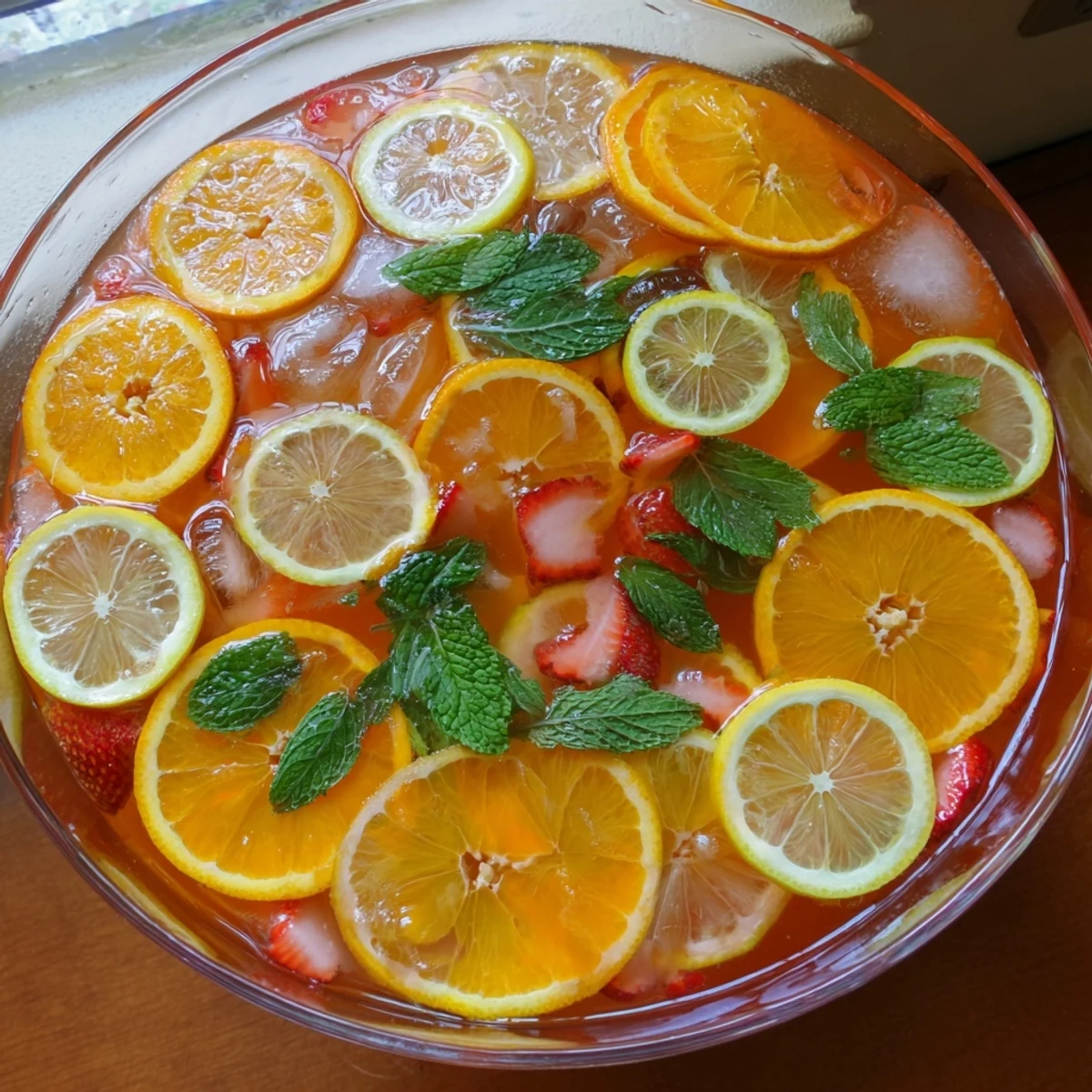 Refreshing non-alcoholic Easter Punch served over ice with vibrant orange, lemon, and strawberry garnishes for spring parties