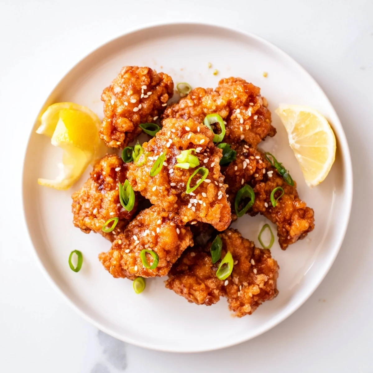 Golden brown Hawaiian Mochiko Chicken pieces arranged on a serving platter with fresh green onion garnish