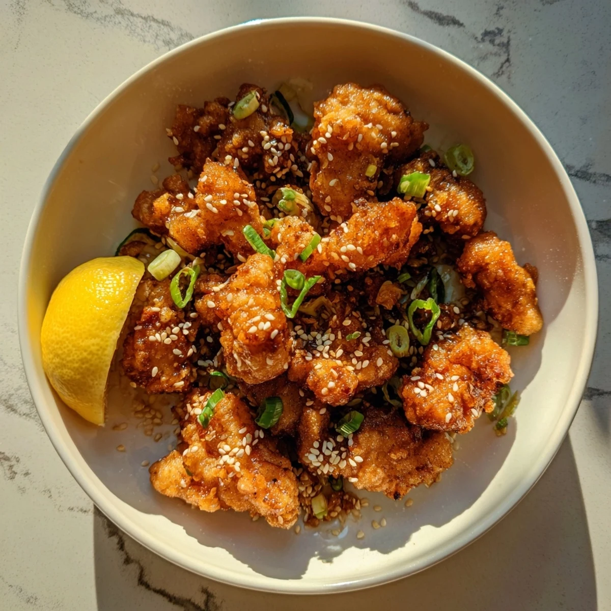 Crispy fried chicken thighs coated in sweet rice flour batter, glistening with sesame oil drizzle