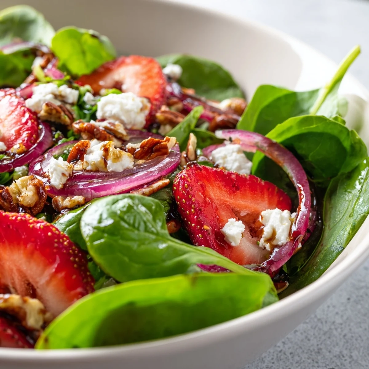 Colorful bowl of Strawberry Fields Salad featuring sliced strawberries, crisp vegetables, and crumbled cheese drizzled with balsamic