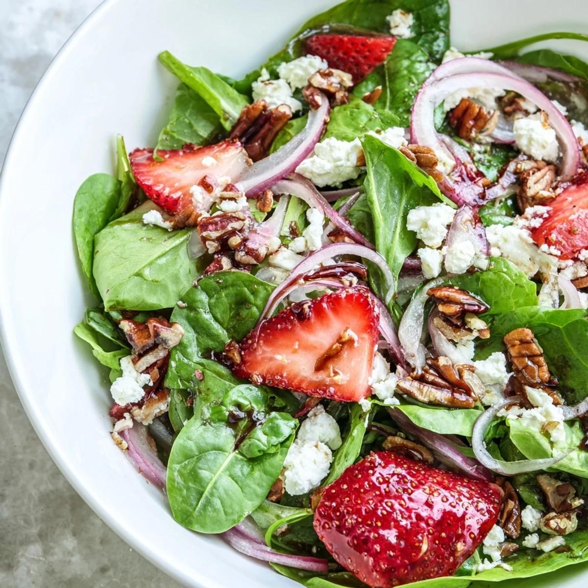 Fresh Strawberry Fields Salad with juicy red berries, creamy goat cheese, and toasted pecans on mixed greens