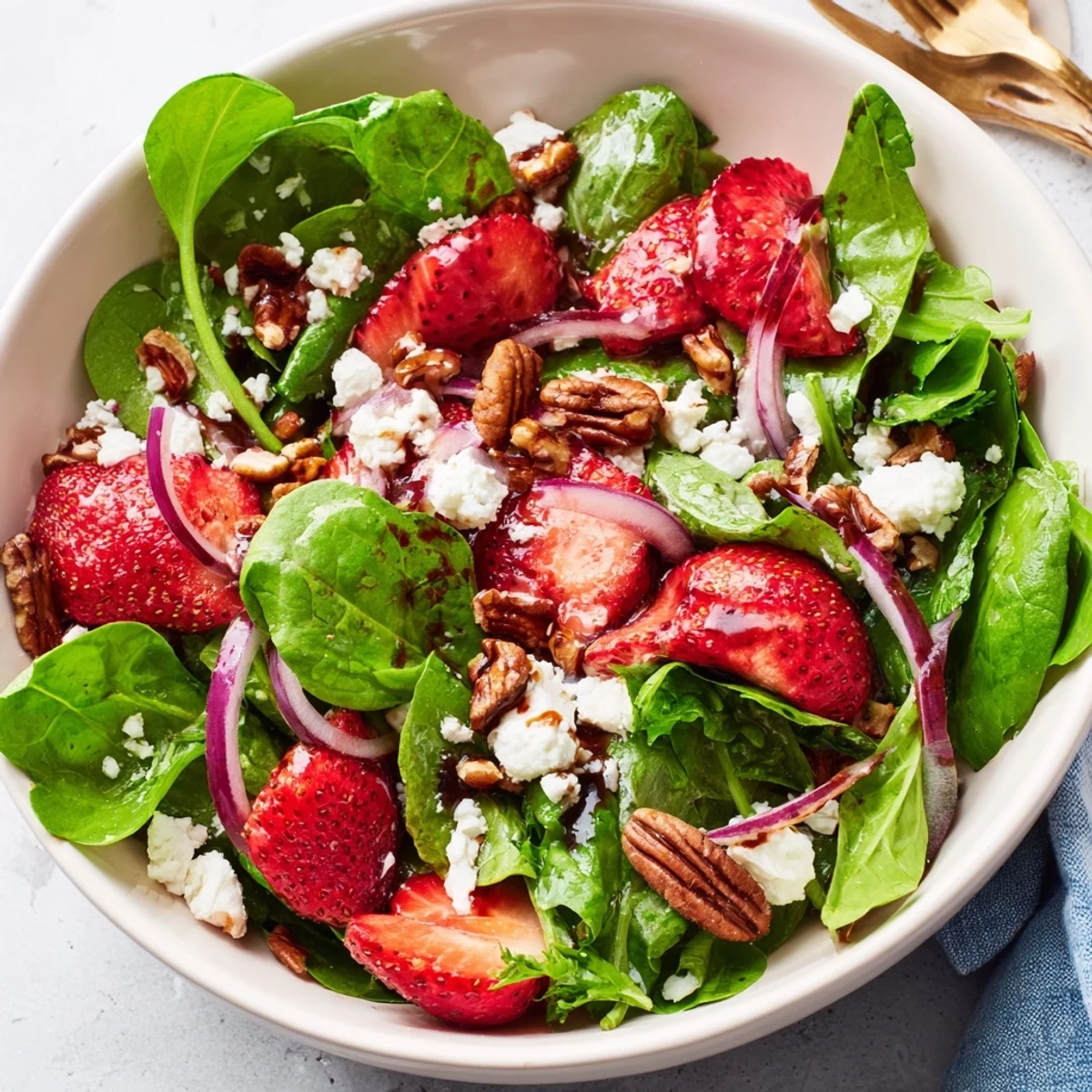 Vibrant Strawberry Fields Salad arranged on a white plate with sweet berries, crunchy nuts, and tangy dressing