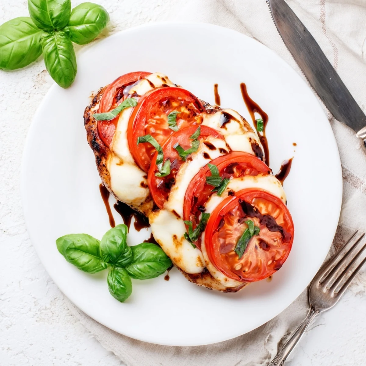 Golden brown balsamic baked chicken breast topped with melted mozzarella and fresh basil leaves
