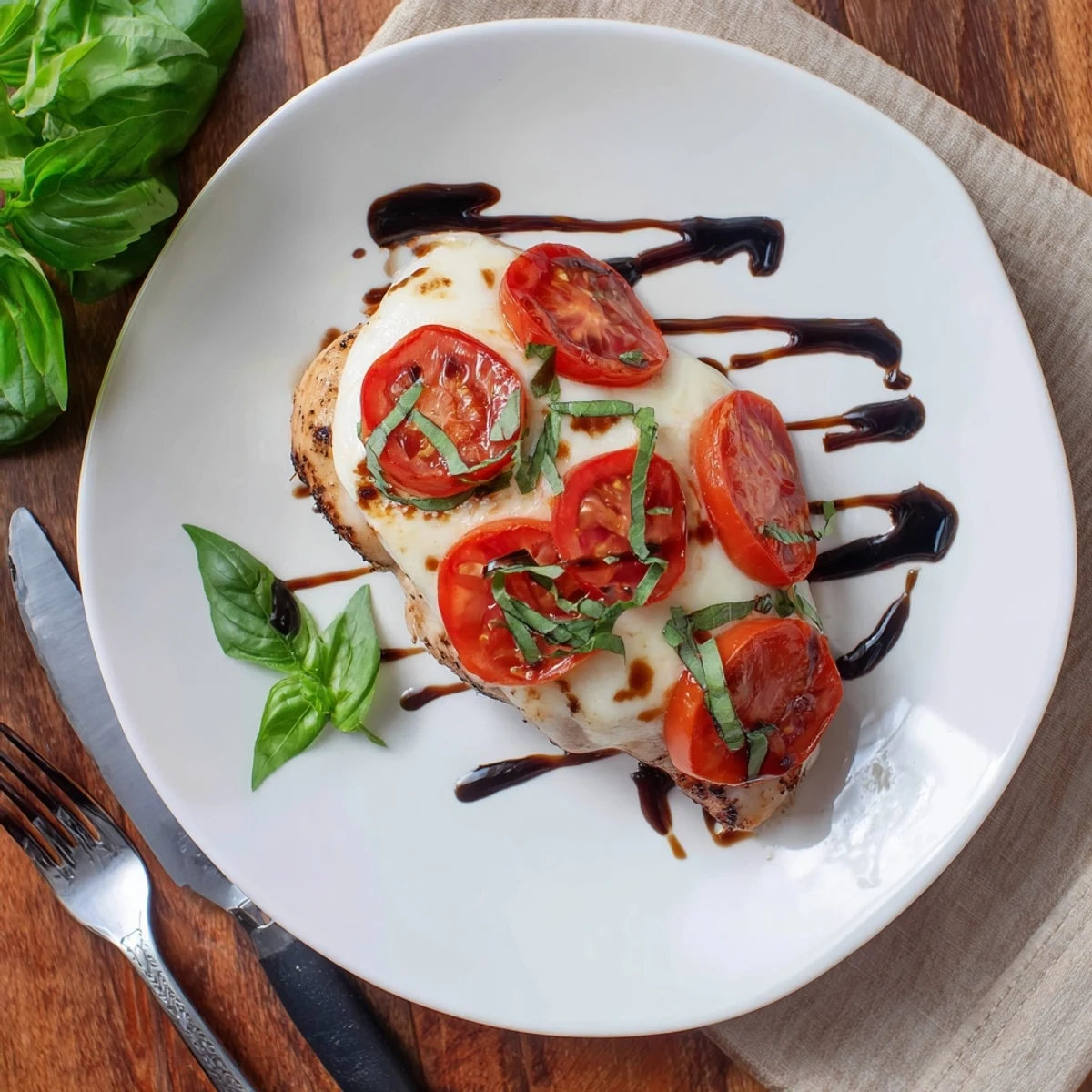 Juicy chicken breasts in rich balsamic glaze bubbly with mozzarella cheese and tomato slices