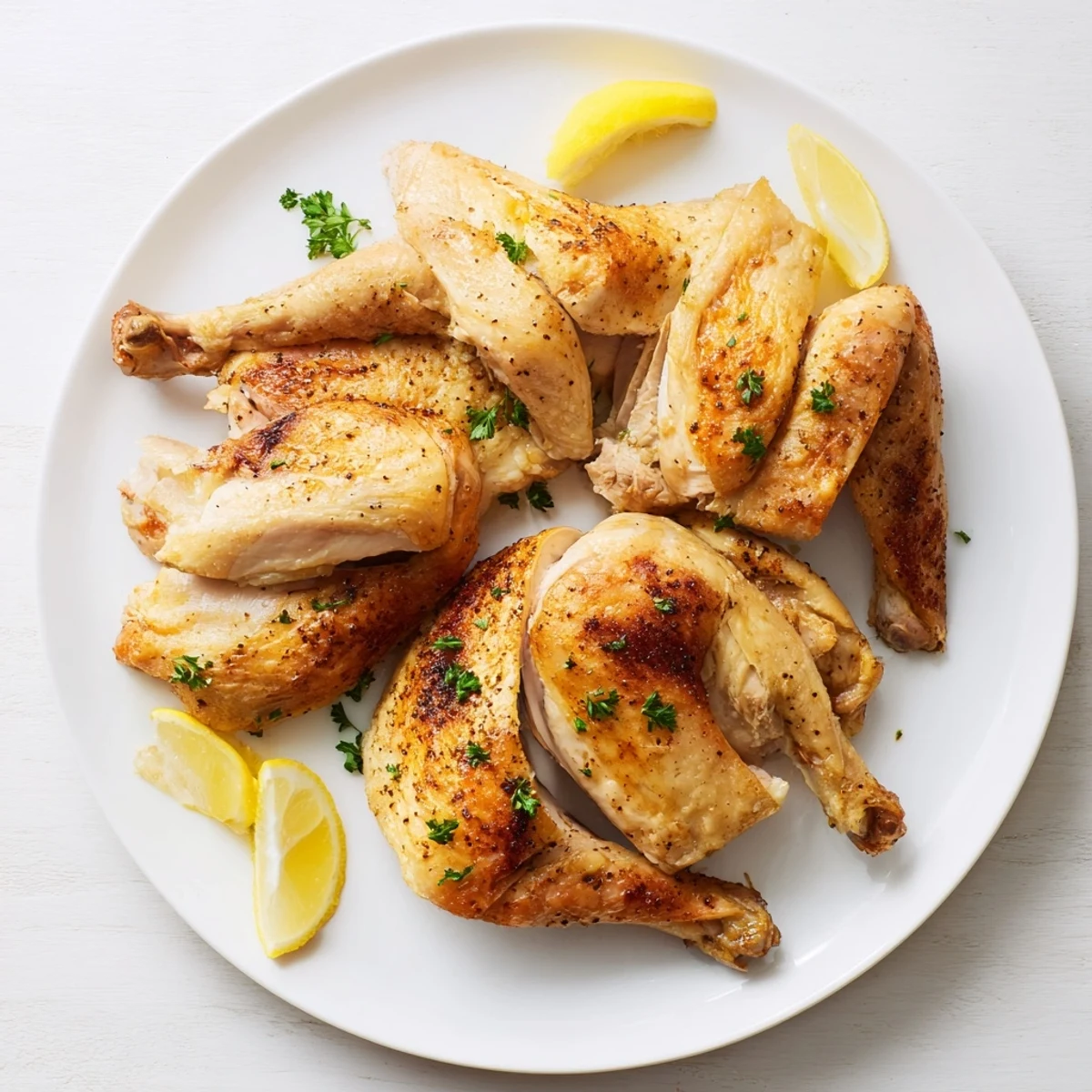 Golden brown buttermilk roasted chicken pieces garnished with fresh parsley and lemon wedges