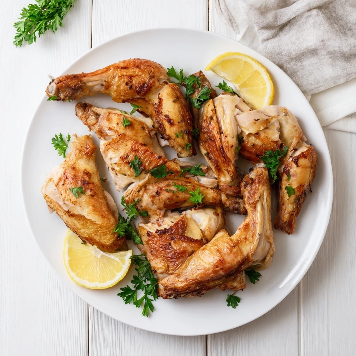 Tender buttermilk roasted chicken with juicy meat visible beneath the golden seasoned skin