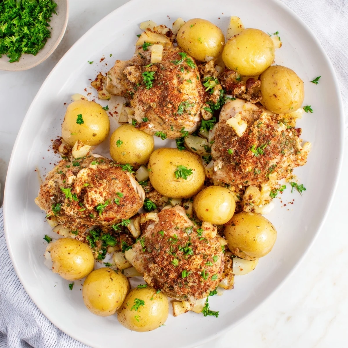 Golden chicken breasts and baby potatoes roasted with garlic Parmesan coating on a baking sheet