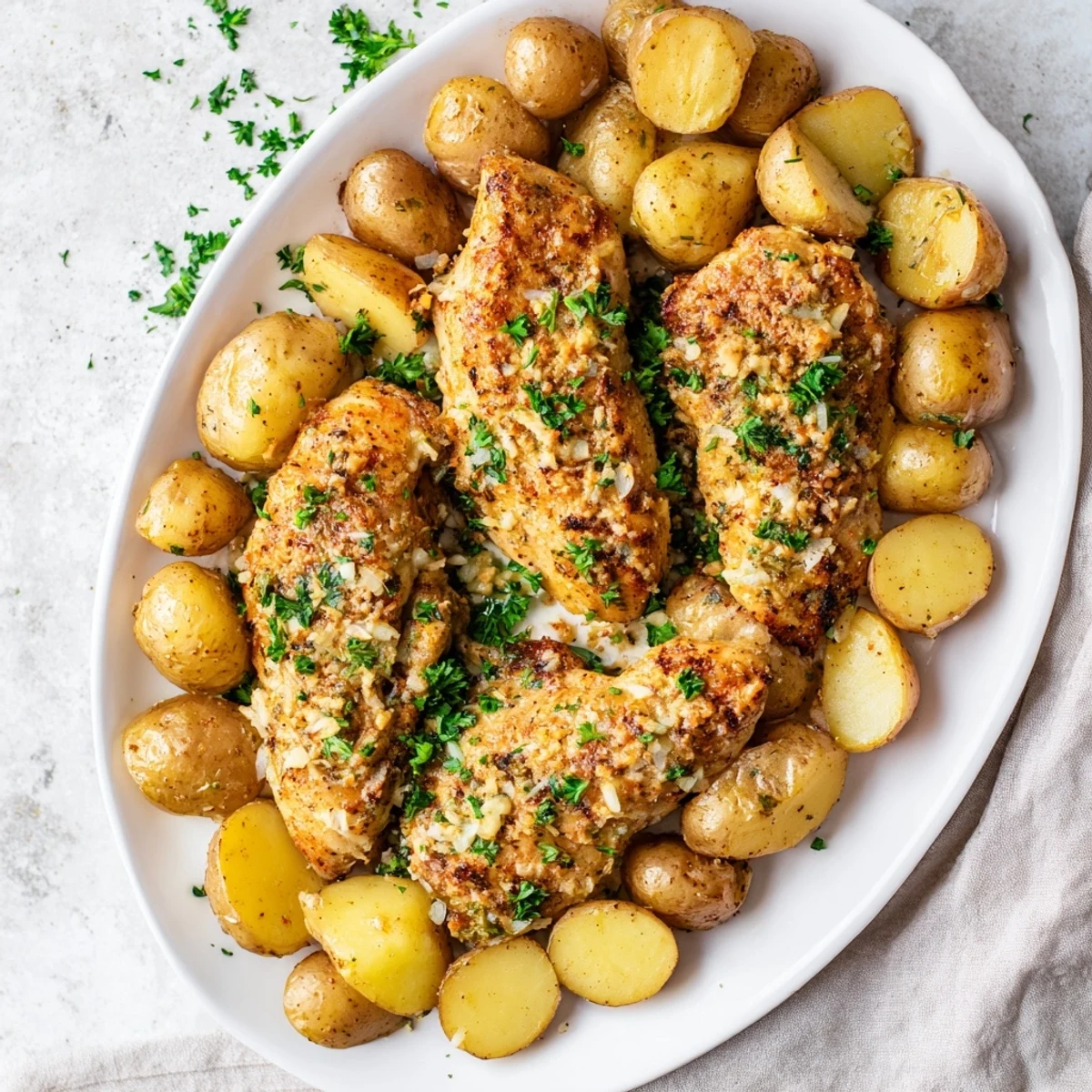 Crispy roasted chicken and tender potatoes topped with melted Parmesan and fresh green parsley garnish