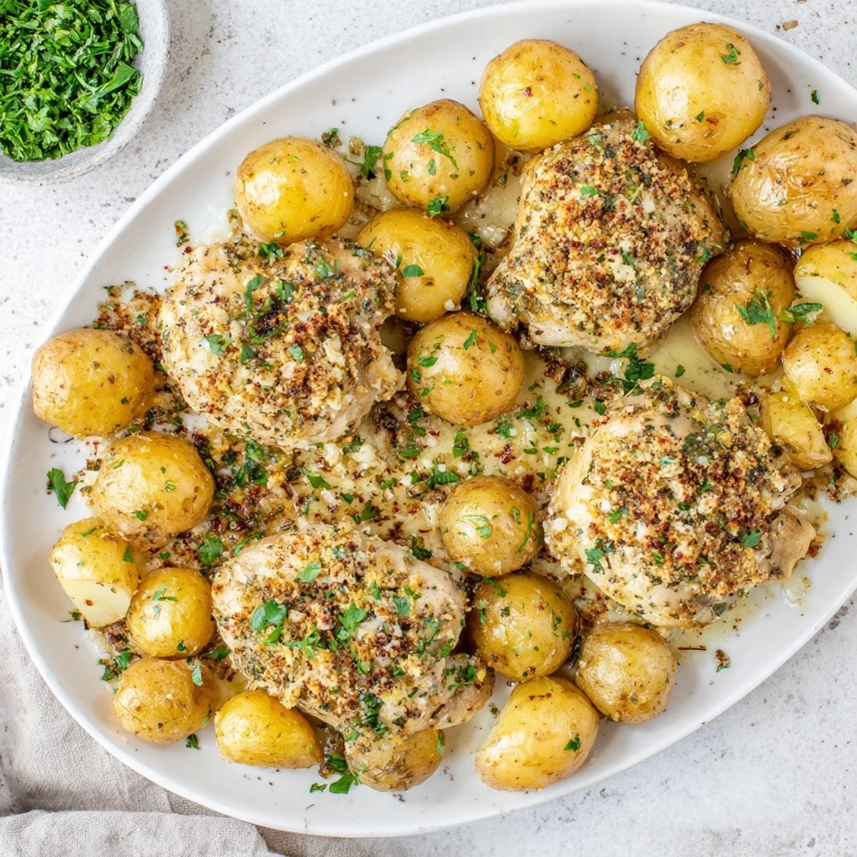Hearty one-pan garlic Parmesan chicken and potatoes dish served hot for a comforting family dinner