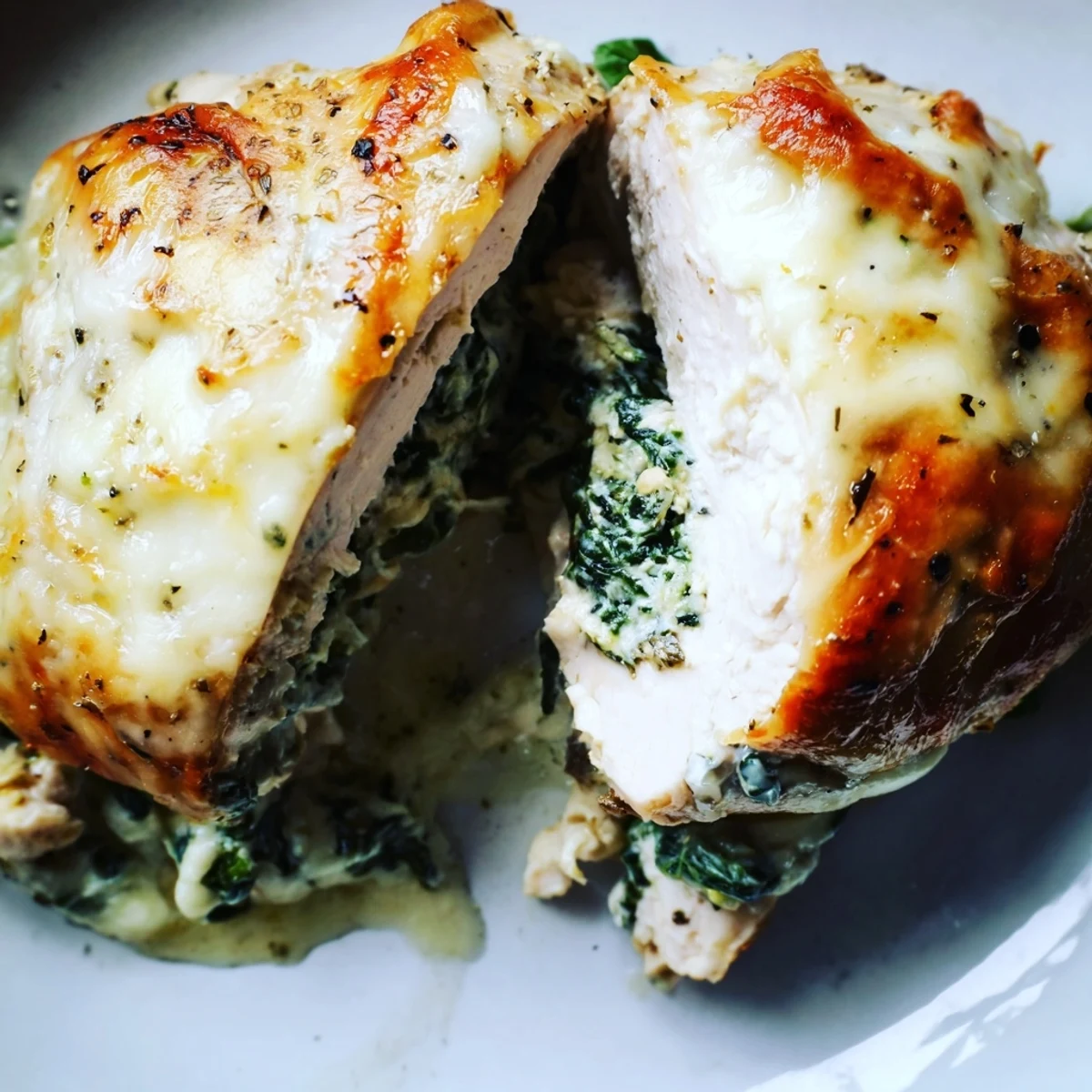 Golden baked ricotta chicken with bubbling mozzarella and fresh spinach stuffing