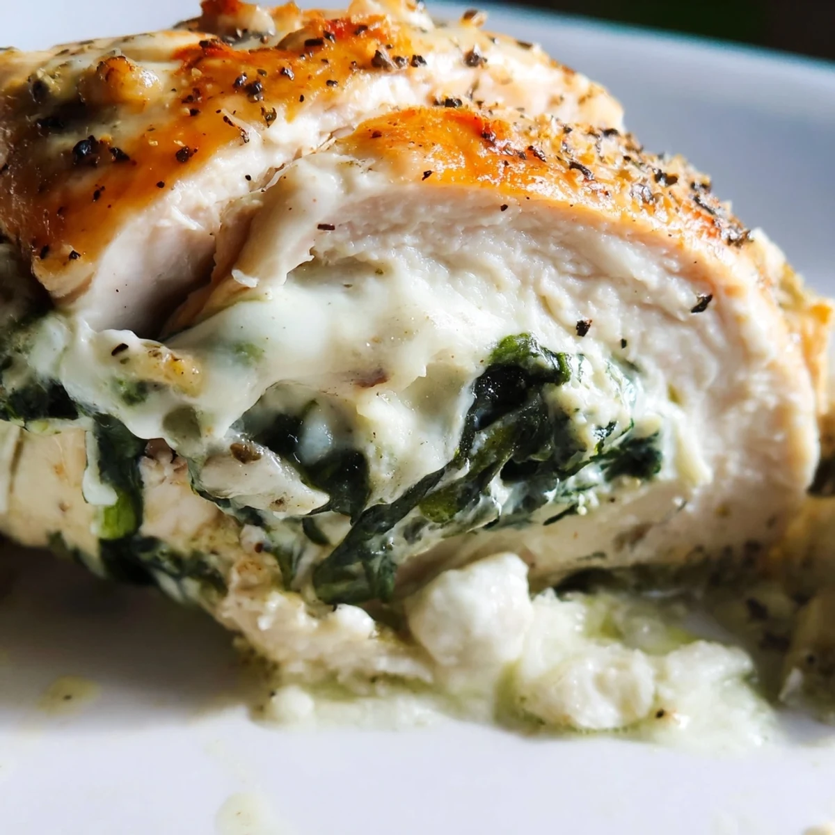 Juicy stuffed chicken breasts filled with creamy ricotta and herbs on white plate