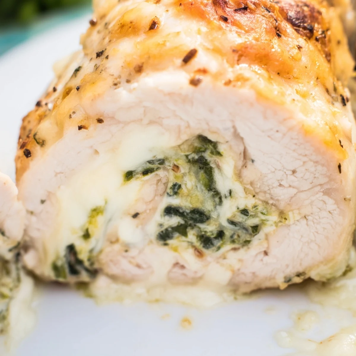 Baked ricotta chicken served golden brown with melted cheese and green spinach visible
