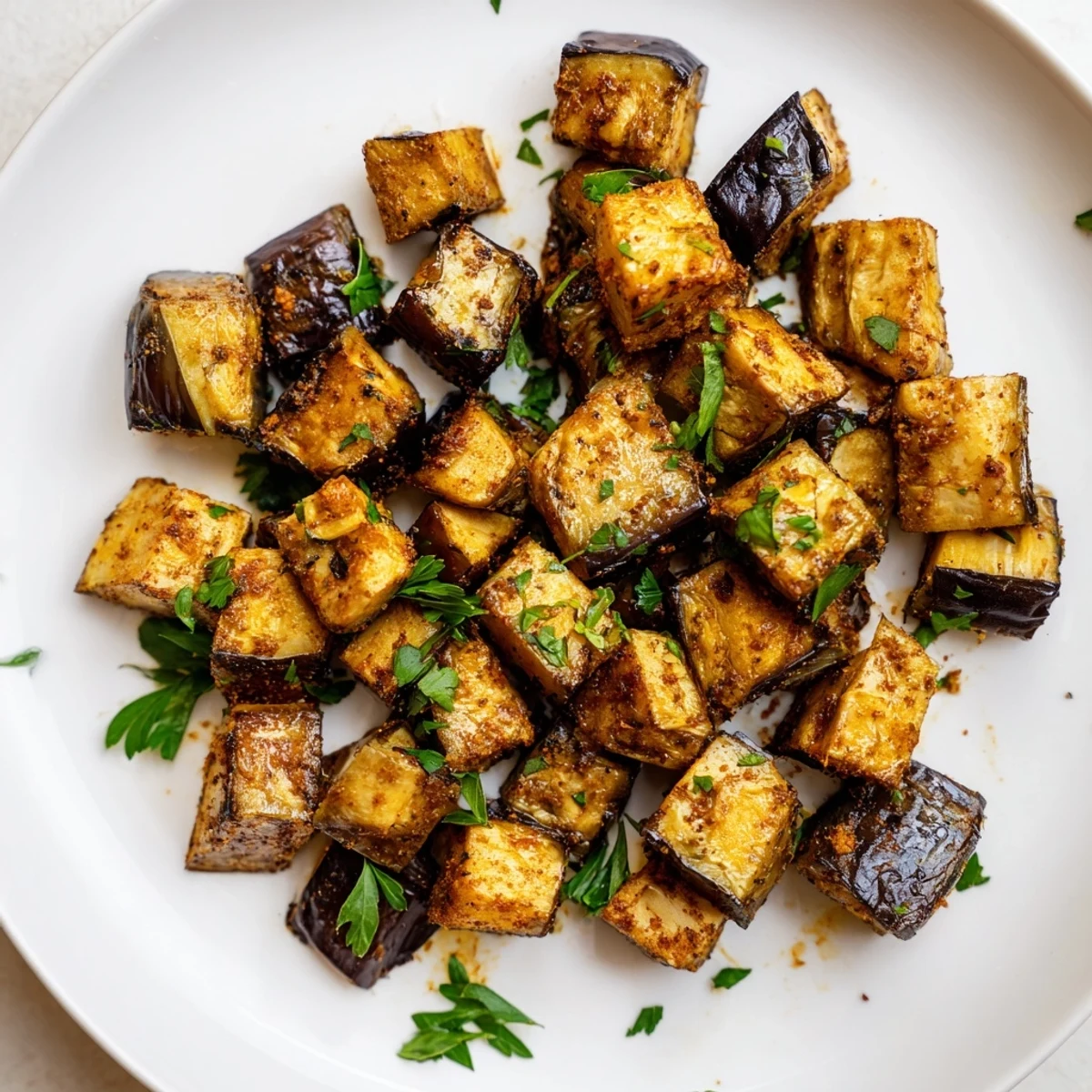 Golden brown low calorie air fryer eggplant cubes arranged on a white serving plate