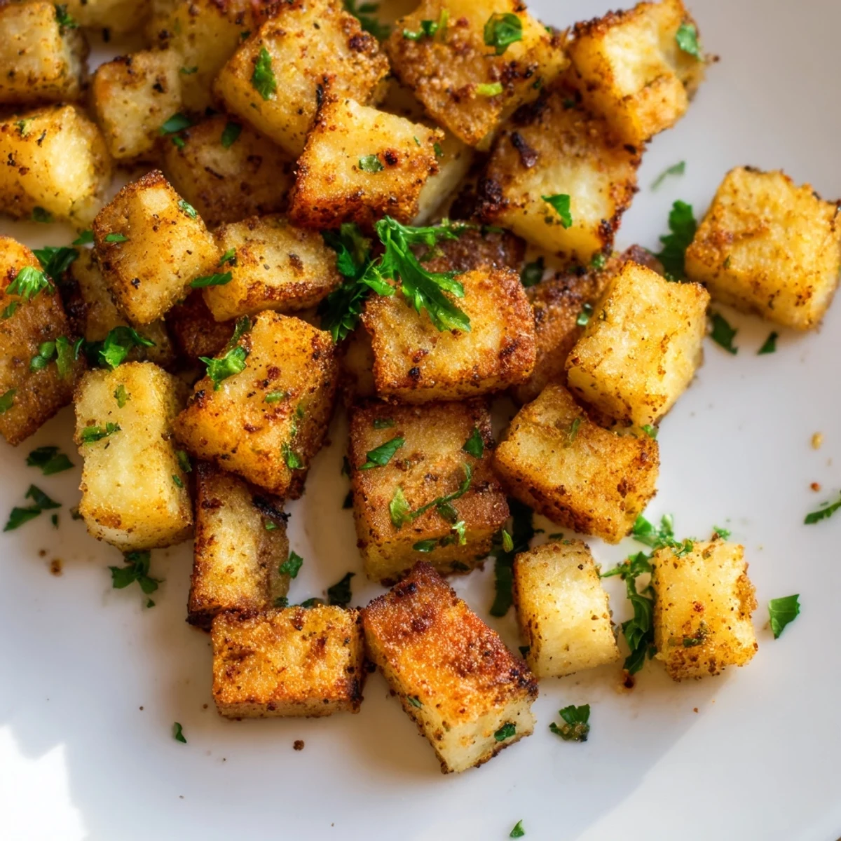 Crispy roasted low calorie air fryer eggplant sprinkled with fresh green parsley garnish