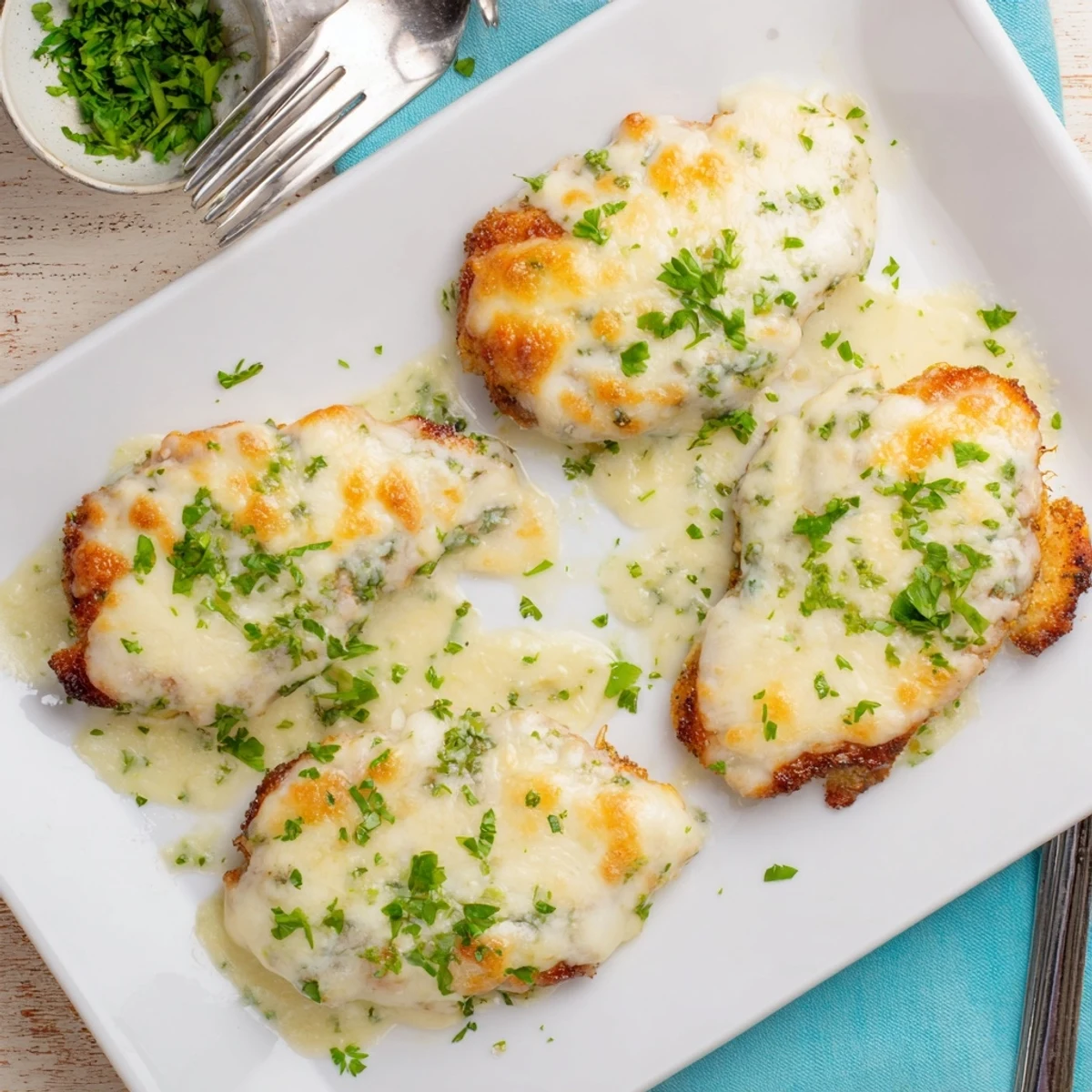 Tender chicken breasts smothered in rich Caesar-Parmesan sauce baked to golden perfection