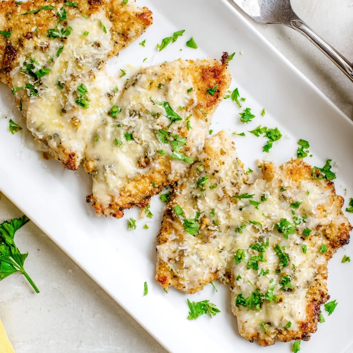 Golden brown creamy Parmesan baked Caesar chicken with bubbling cheese topping garnished with parsley