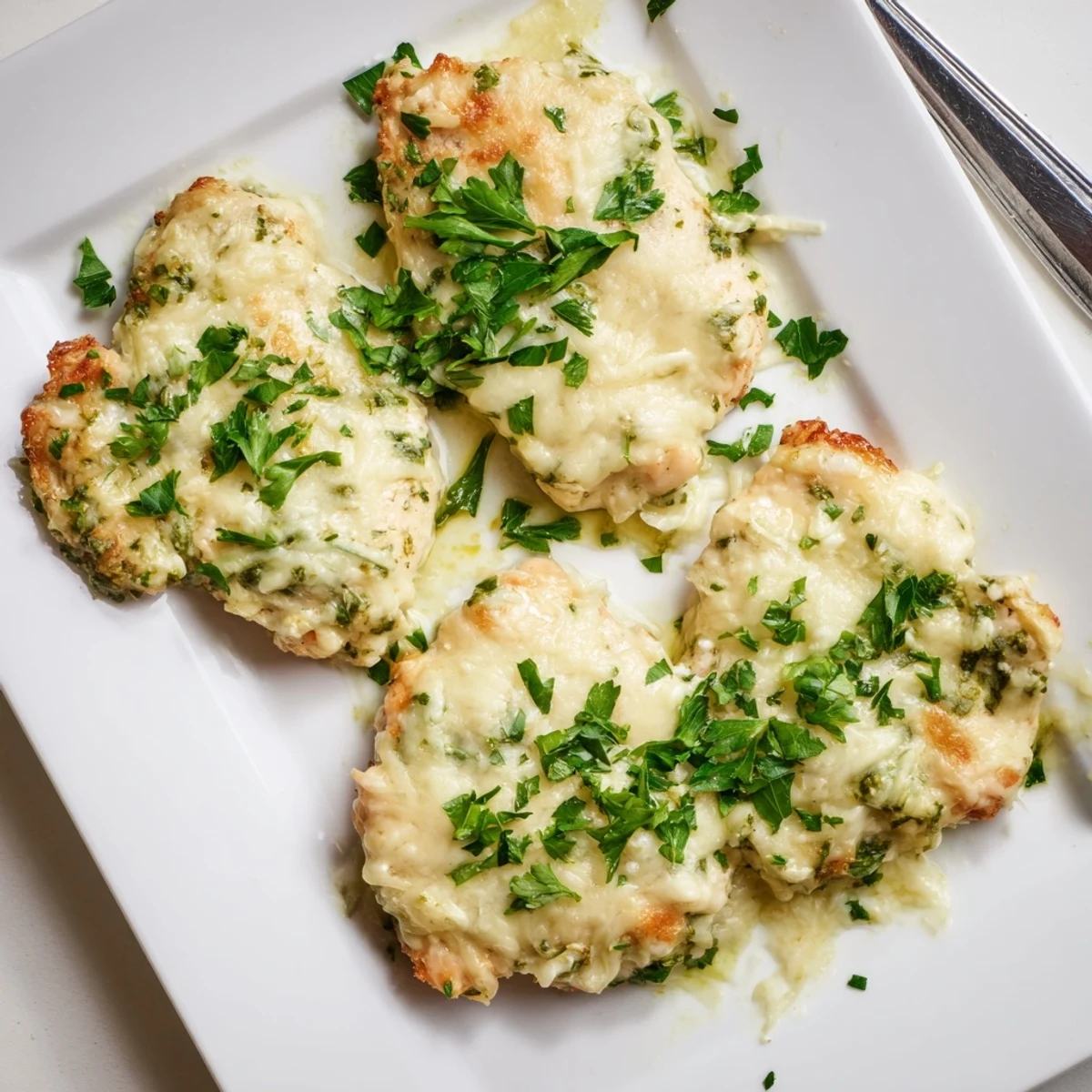 Four servings of cheesy baked Caesar chicken resting in a white ceramic baking dish