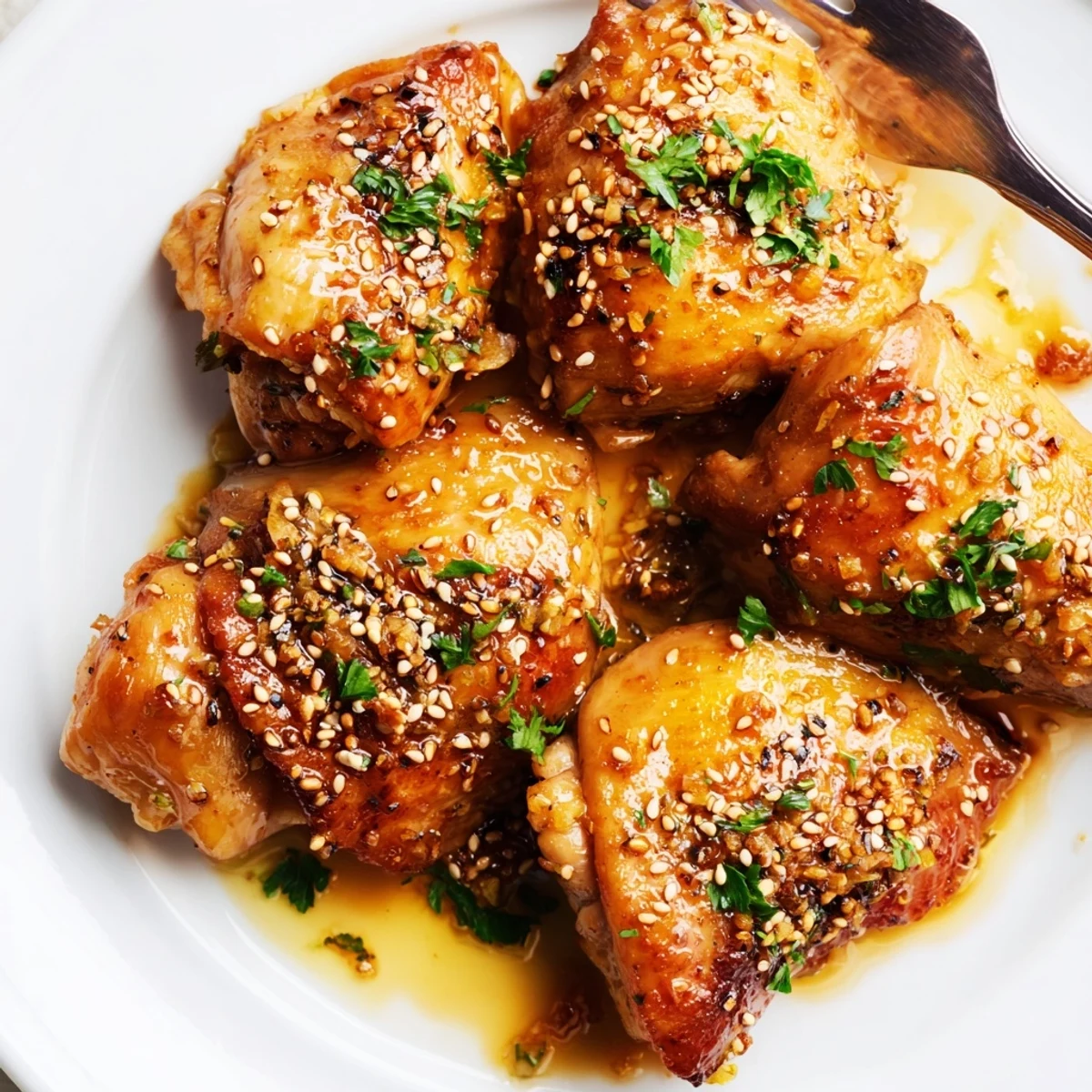 Golden brown honey butter chicken pieces glazed in sticky sweet sauce with sesame seed garnish