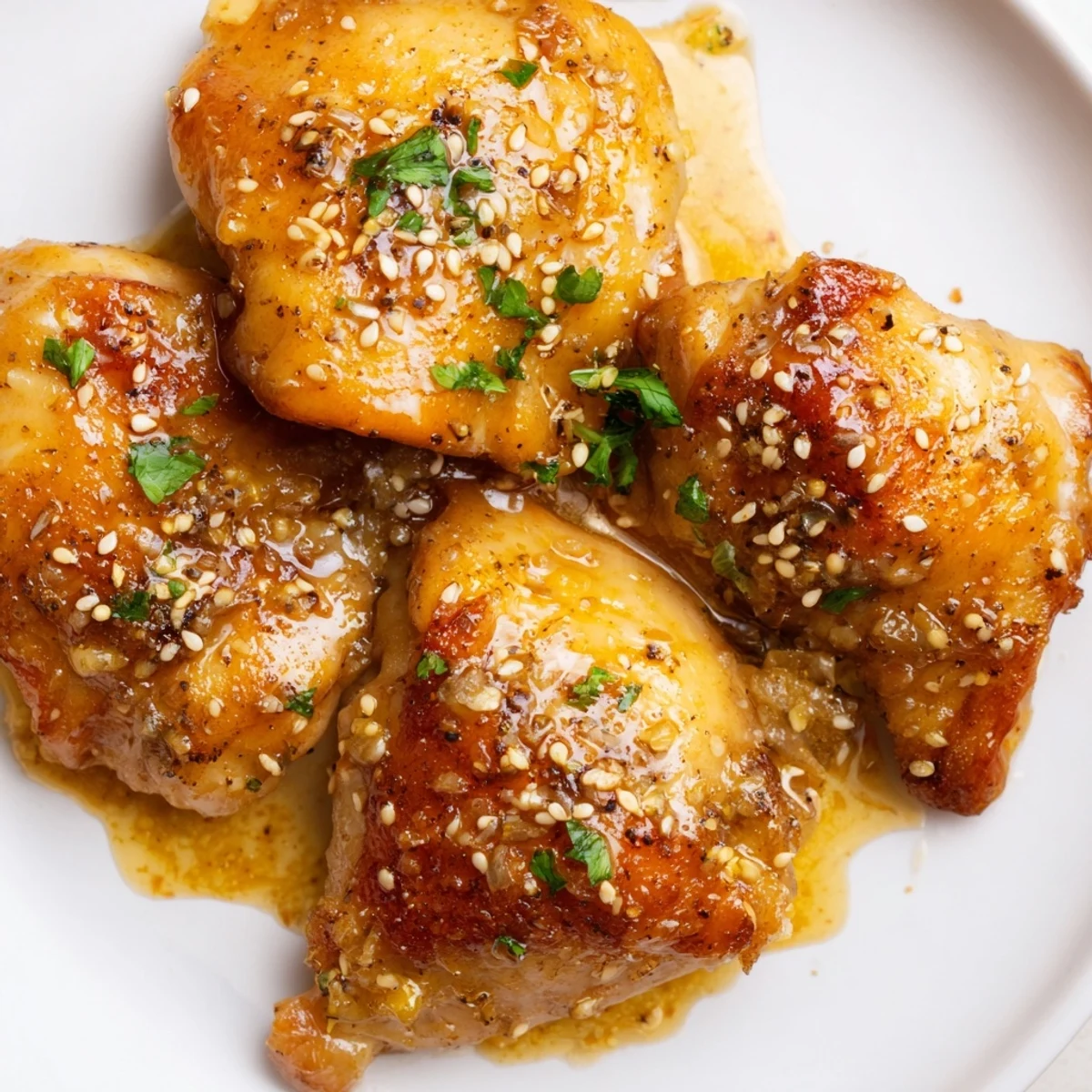 Tender honey butter chicken coated in luscious glossy sauce served over fluffy white rice