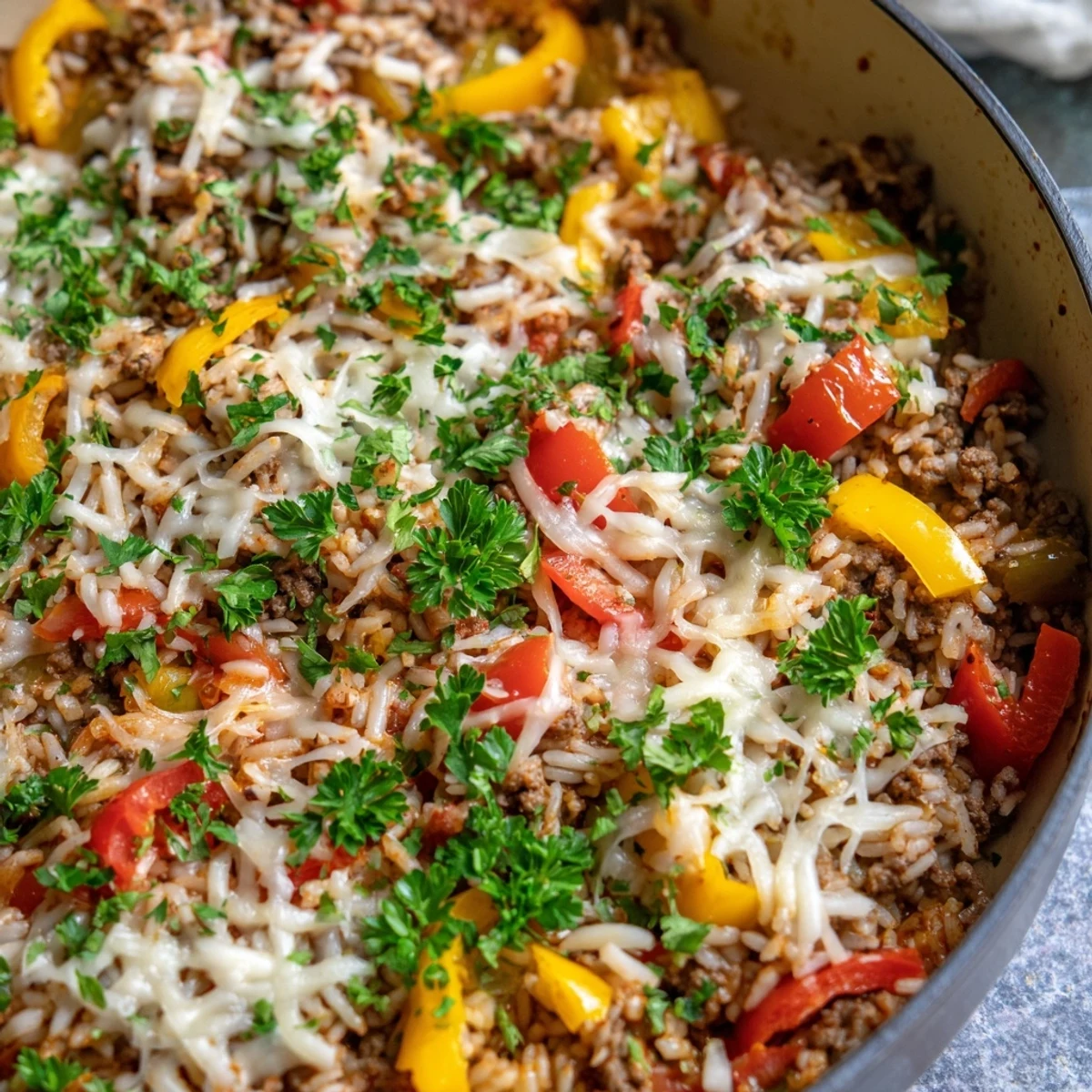Sizzling skillet of unstuffed peppers with colorful diced vegetables, melted mozzarella, and fluffy rice