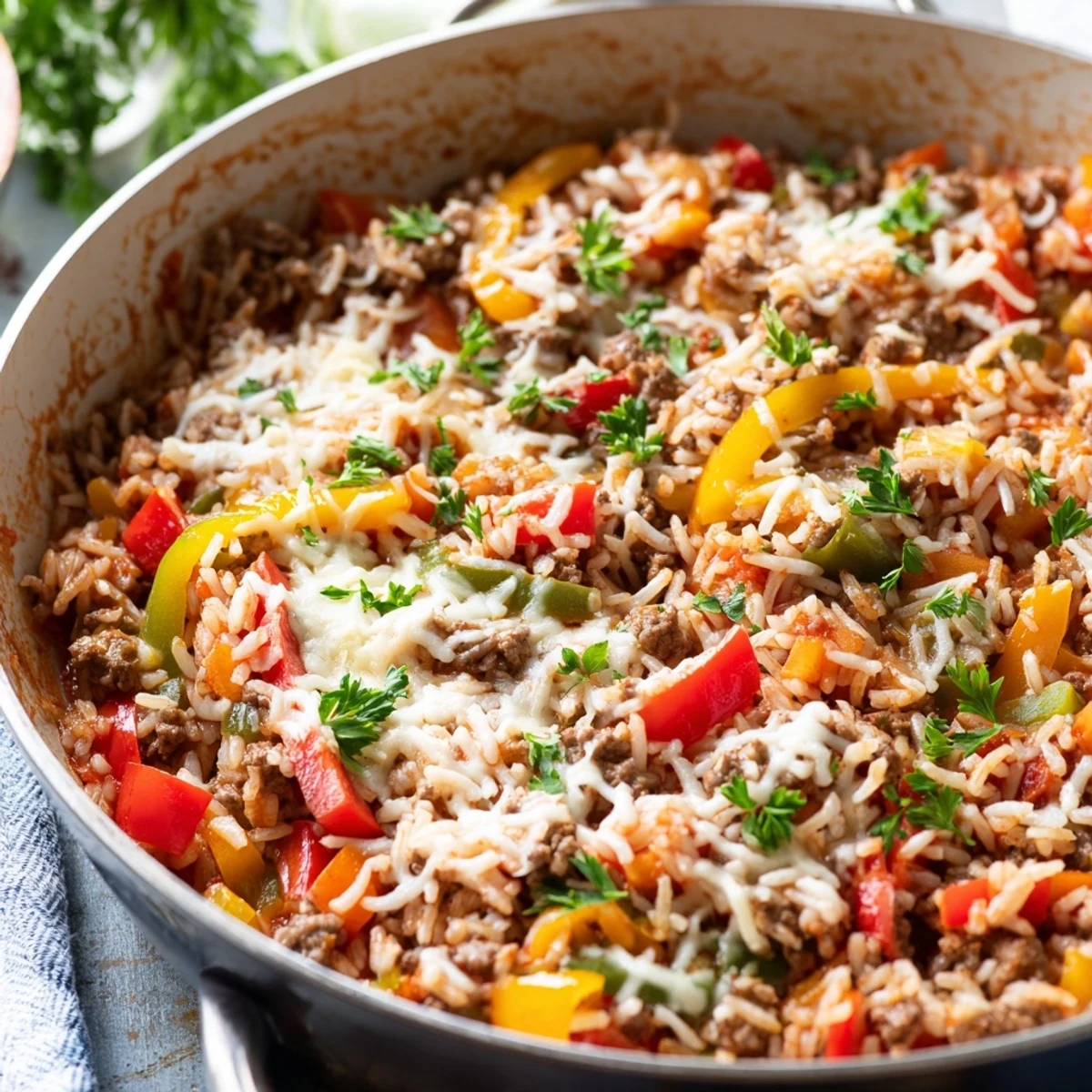 Hearty unstuffed pepper skillet dish topped with melted cheese and fresh green parsley garnish