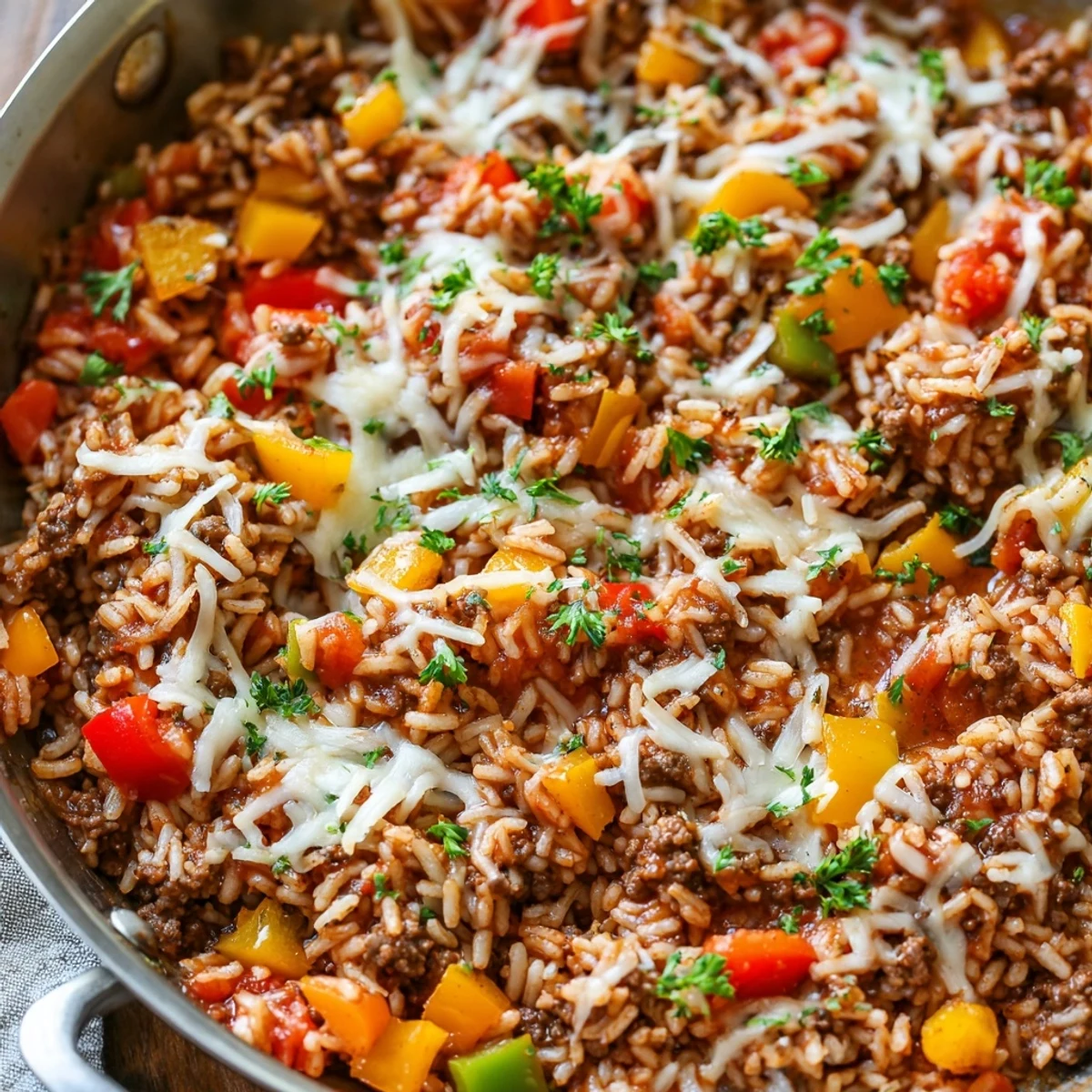 One-pan unstuffed pepper skillet featuring tender ground beef, vibrant bell peppers, and rich tomato sauce