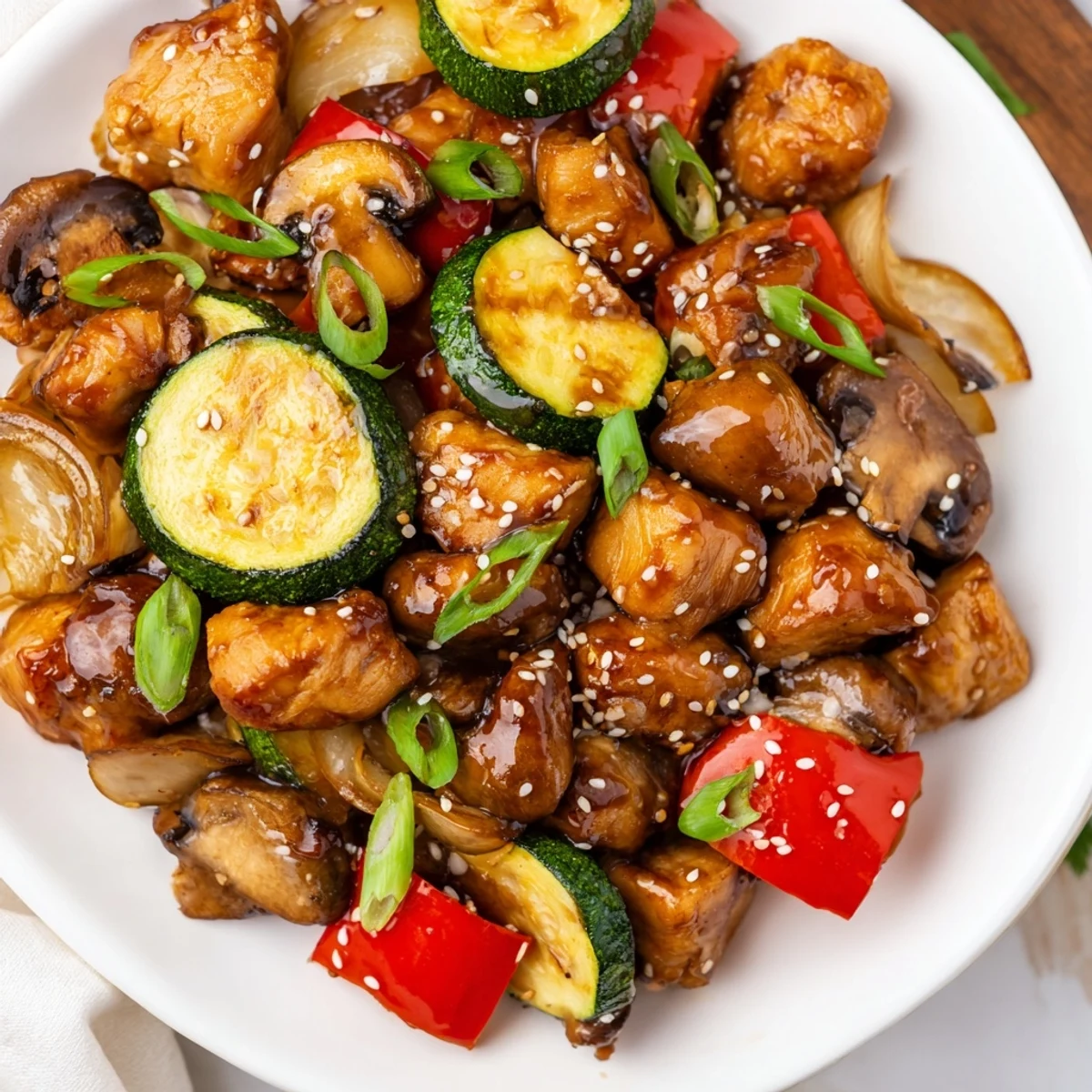 Golden air fryer hibachi chicken with colorful crisp-tender vegetables on white serving plate