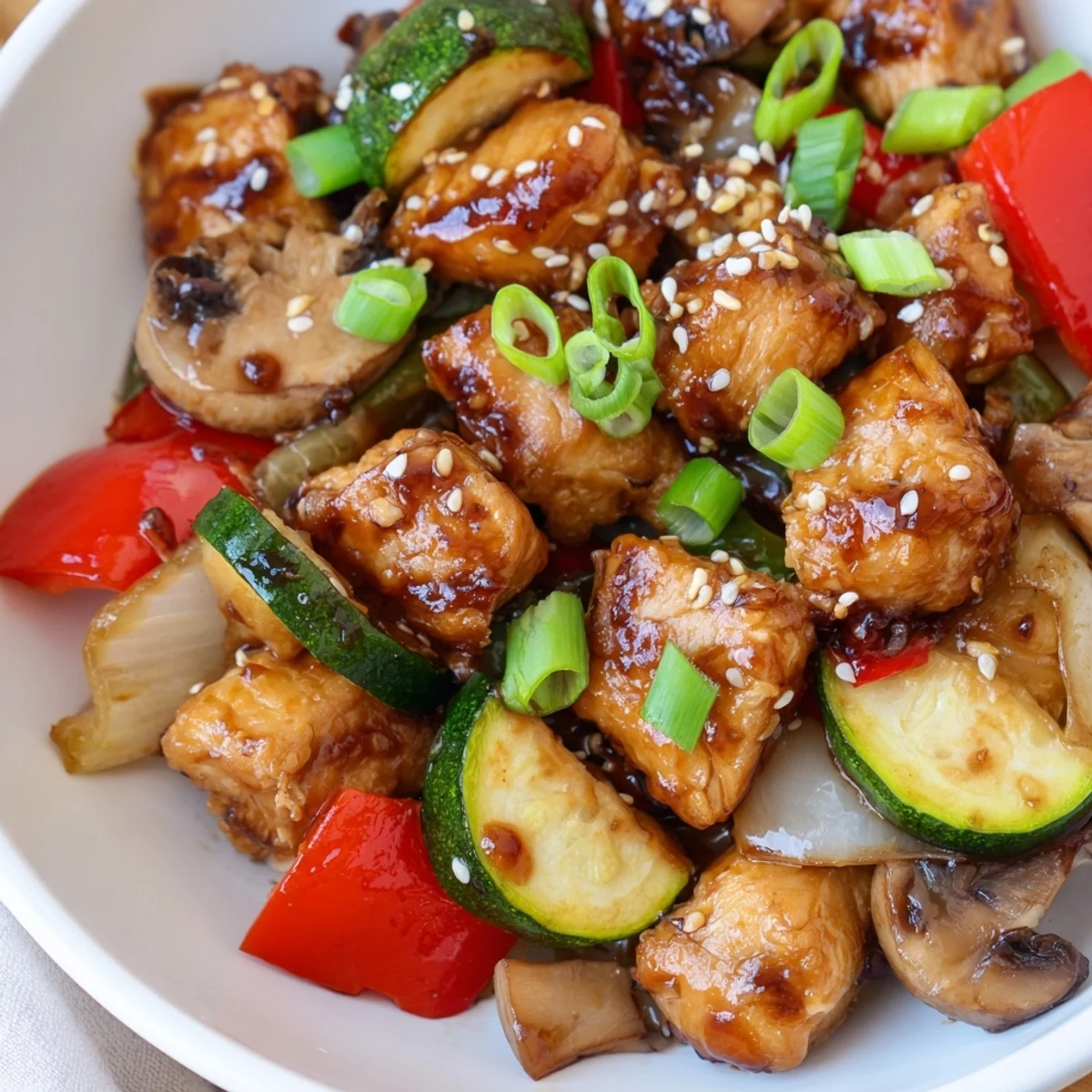 Perfect air fryer hibachi chicken dinner with zucchini peppers onions garnished with green onions
