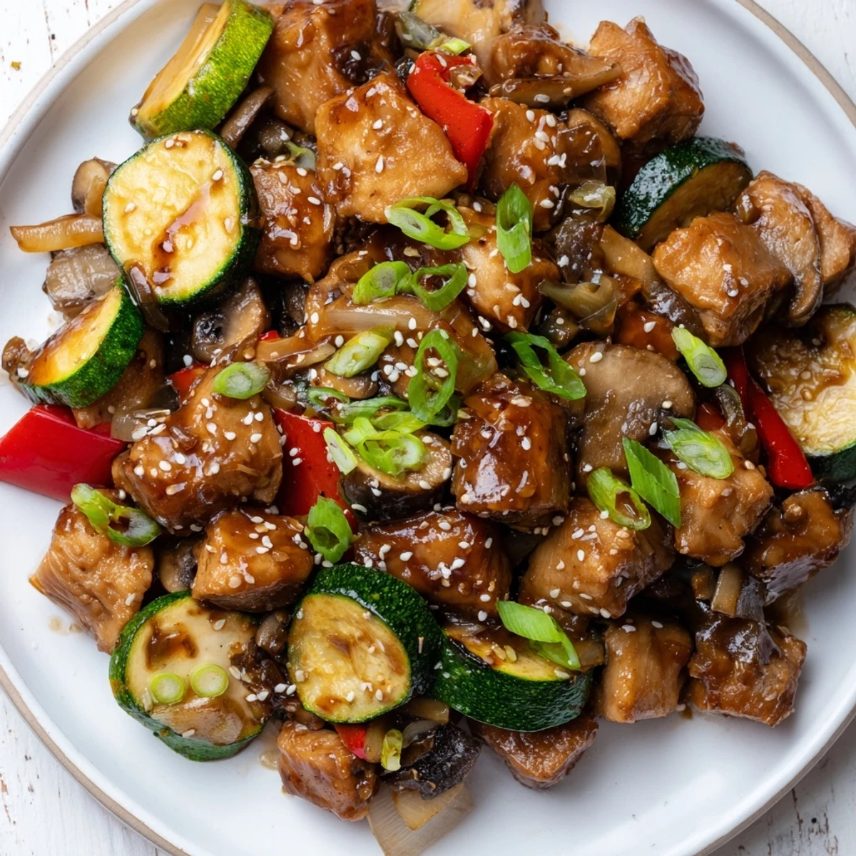 Easy hibachi chicken and vegetables tossed in savory sesame soy sauce drizzled over top