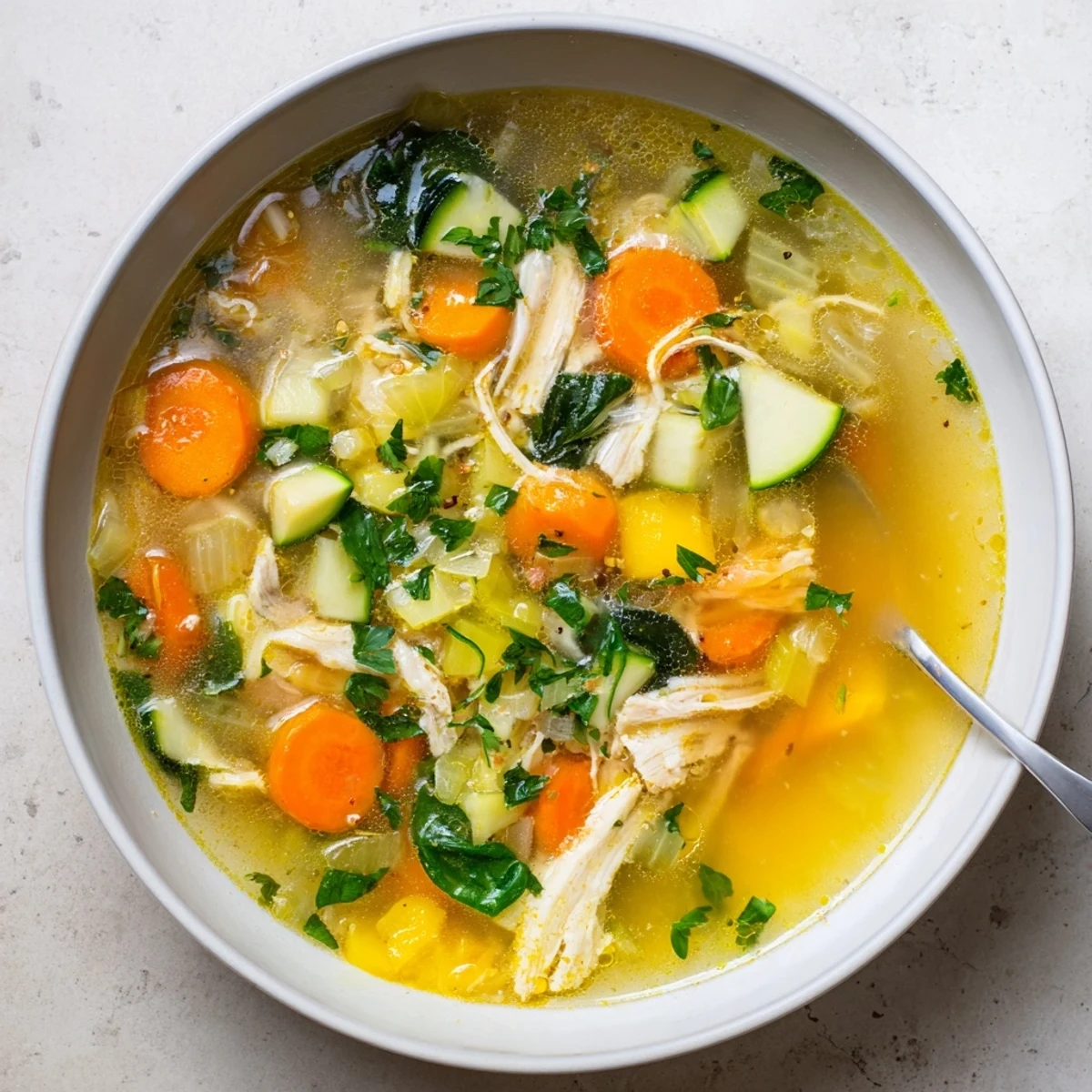 Golden broth of The Best Healing Chicken Soup garnished with fresh parsley and baby spinach