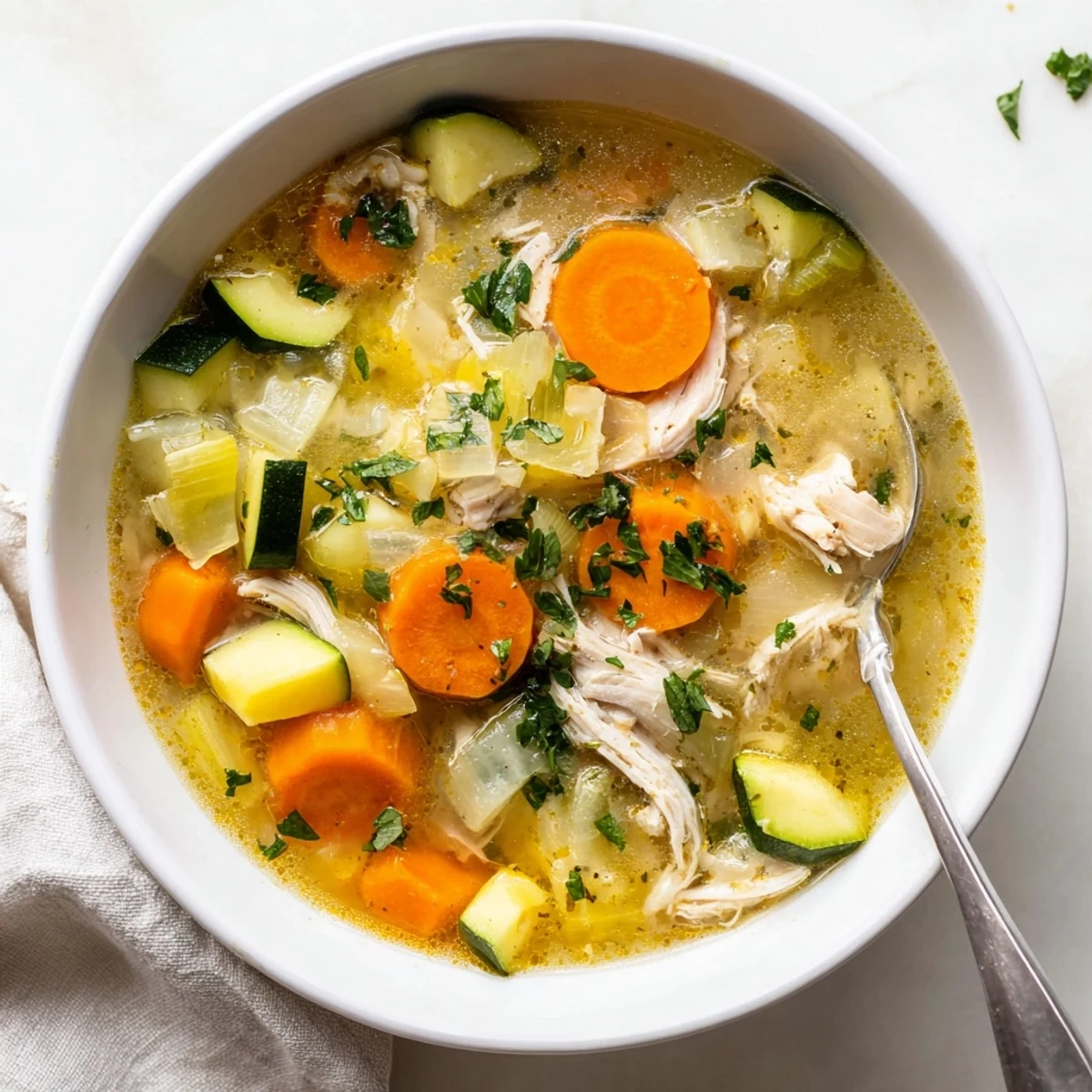 Steaming bowl of The Best Healing Chicken Soup with tender shredded chicken and colorful vegetables