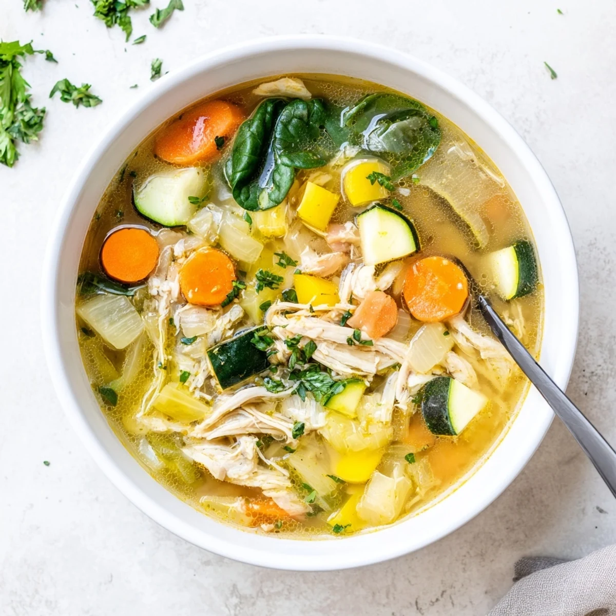 Comforting The Best Healing Chicken Soup served hot with carrots, celery, and zucchini in rich broth