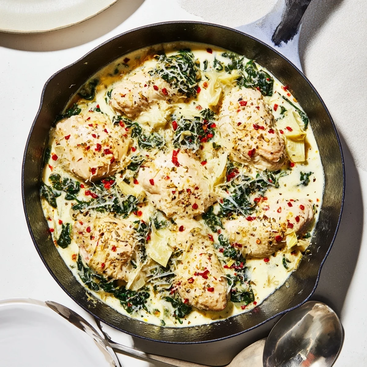 Tender chicken nestled in savory spinach artichoke sauce with golden cheese crust