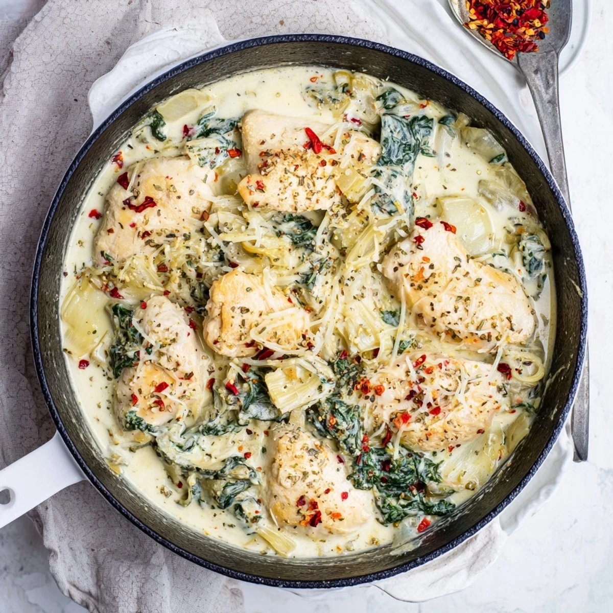 Golden brown chicken breasts baked in bubbling white sauce with wilted spinach and artichokes