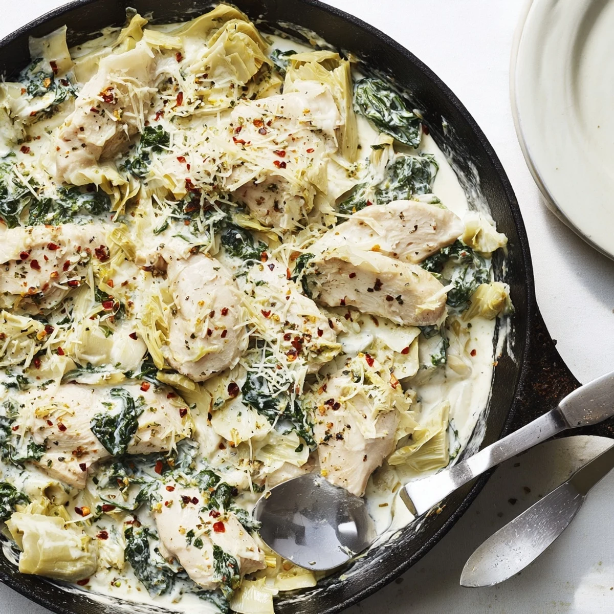 Creamy spinach artichoke chicken with melted mozzarella atop a protein-rich cottage cheese base