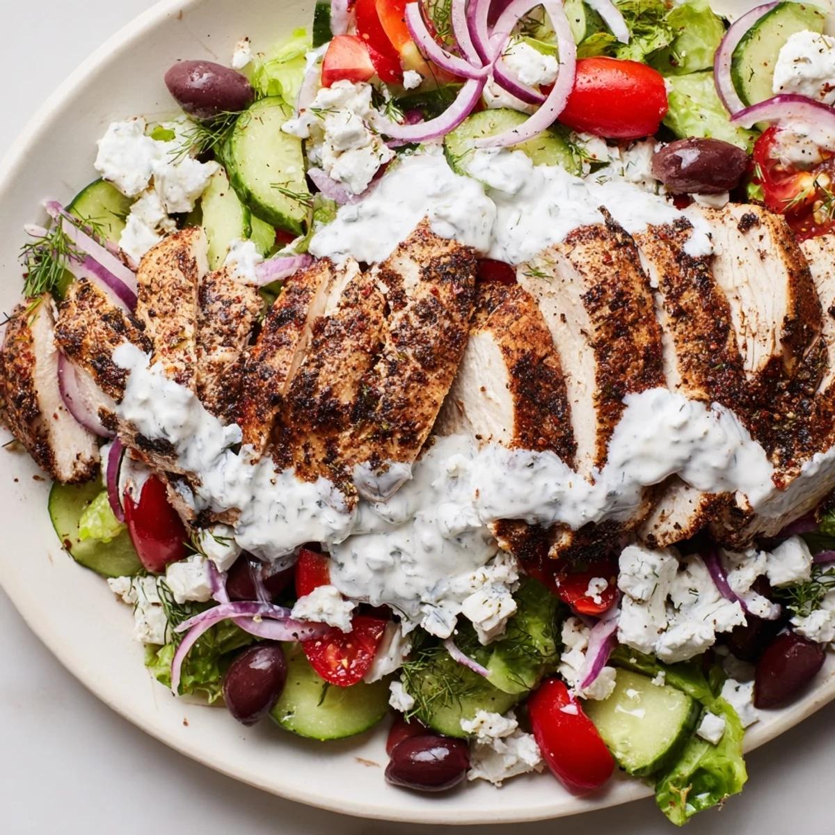 Colorful Greek-inspired salad plate featuring tender marinated chicken breast, crisp cucumber, red onion, and tangy feta cheese topped with homemade tzatziki chicken salad.