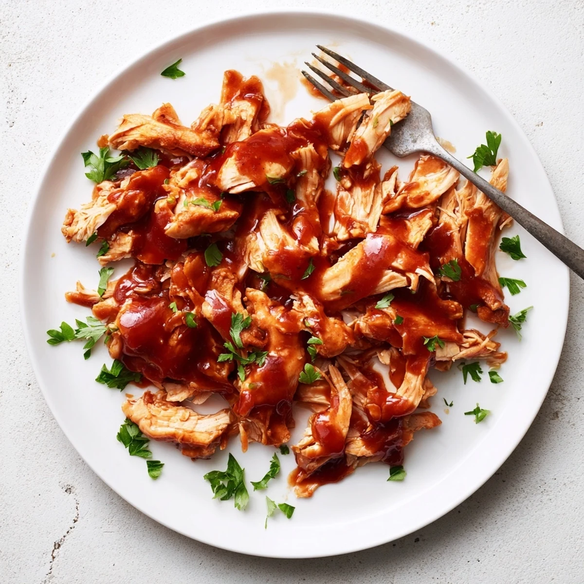 Crockpot chicken dinner with glossy honey barbecue glaze garnished with fresh green parsley