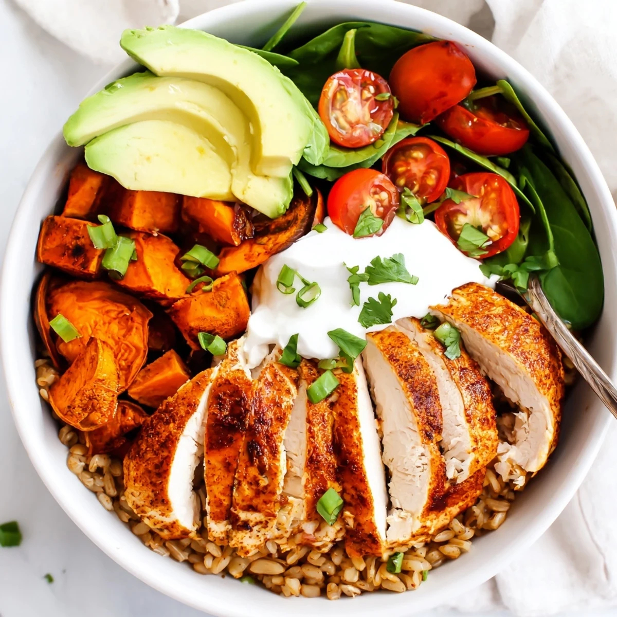 Golden roasted chicken and sweet potato rice bowl topped with fresh avocado and cilantro