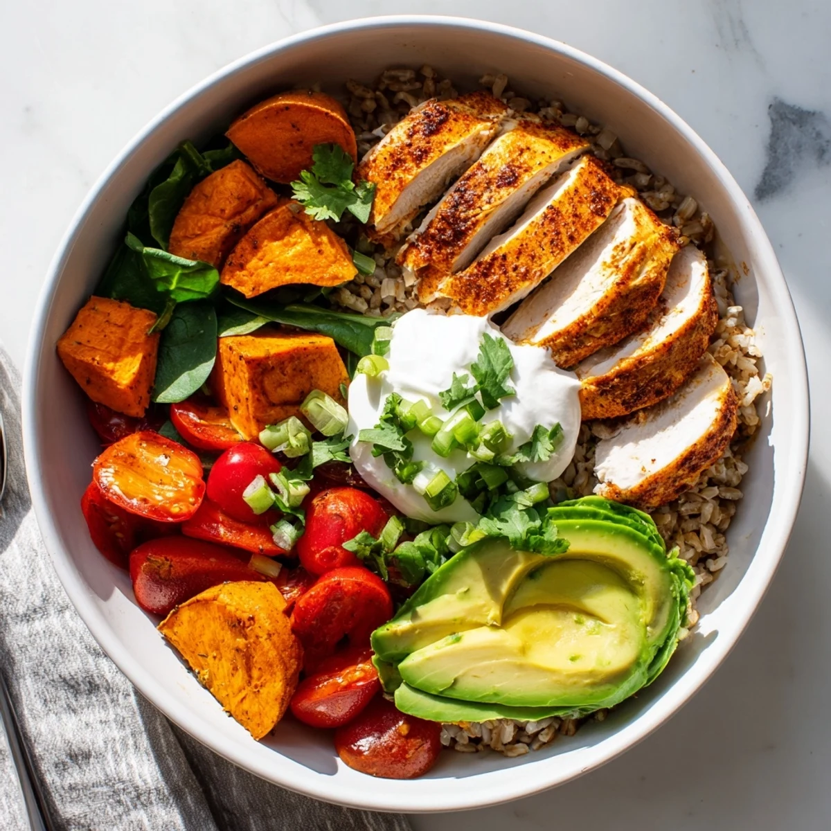 Hearty chicken sweet potato rice bowl featuring juicy spiced meat over fluffy brown rice