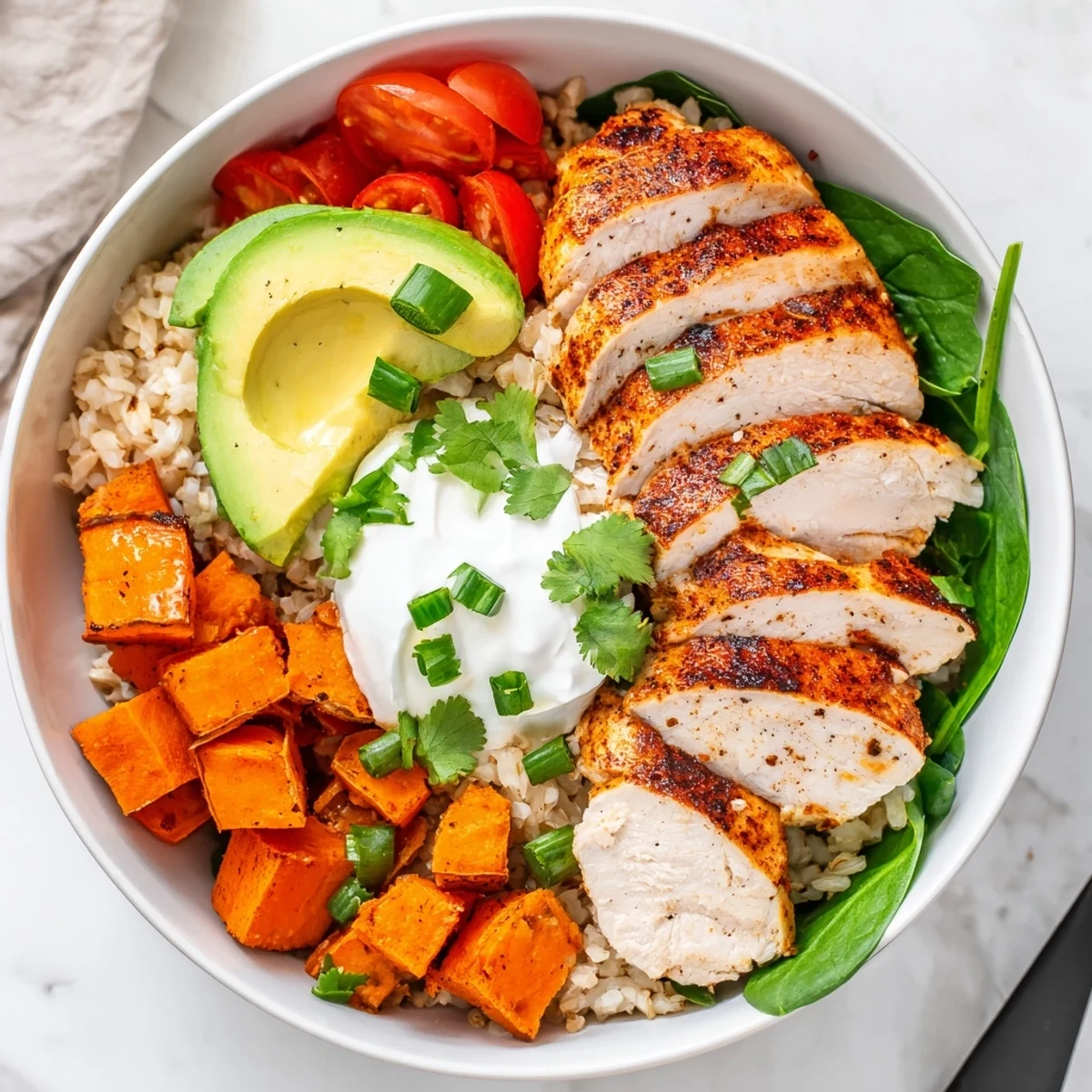 Colorful wholesome chicken sweet potato rice bowl arranged in layers with vibrant vegetable toppings