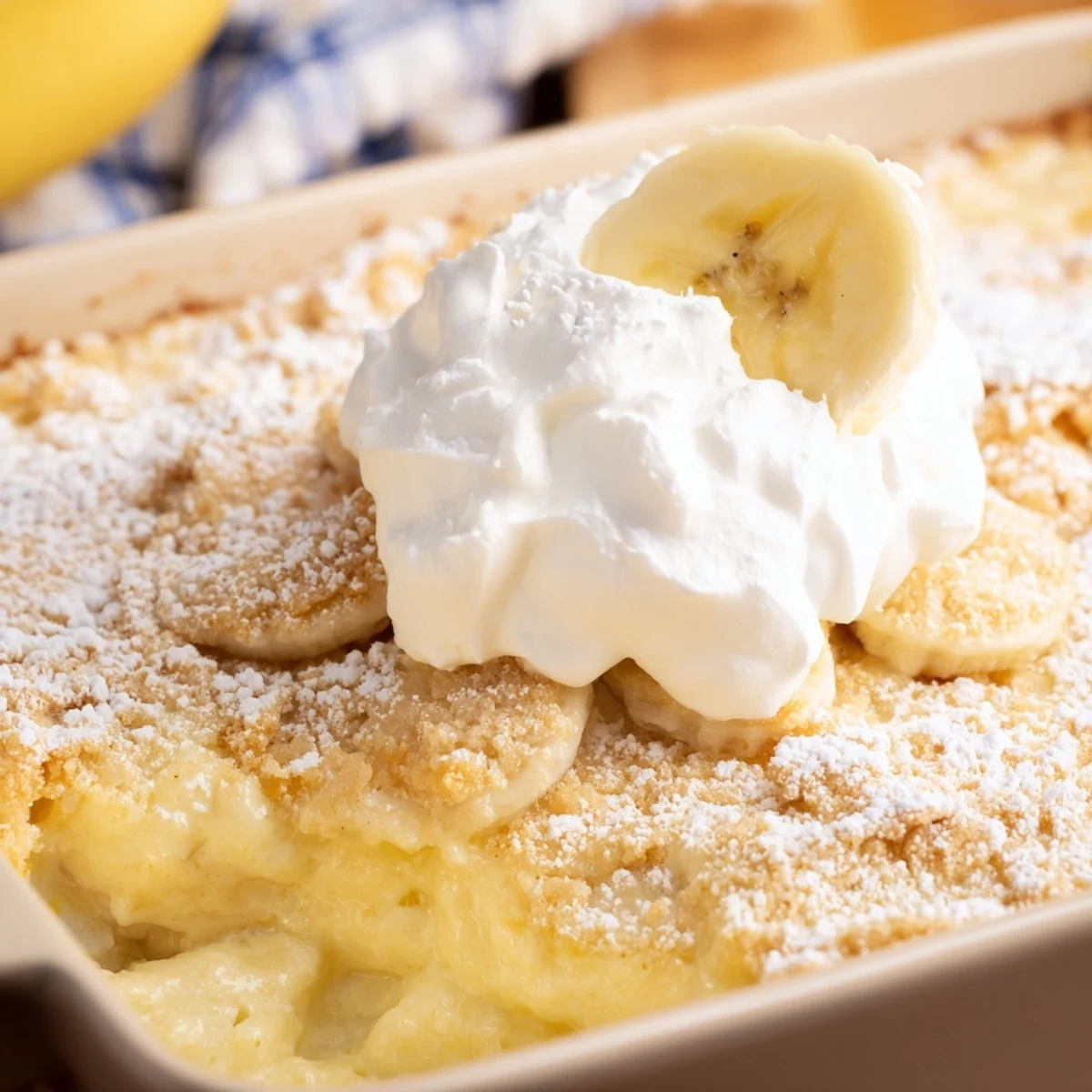 Golden Southern Banana Pudding Cheesecake Dump Cake topped with whipped cream and fresh banana slices