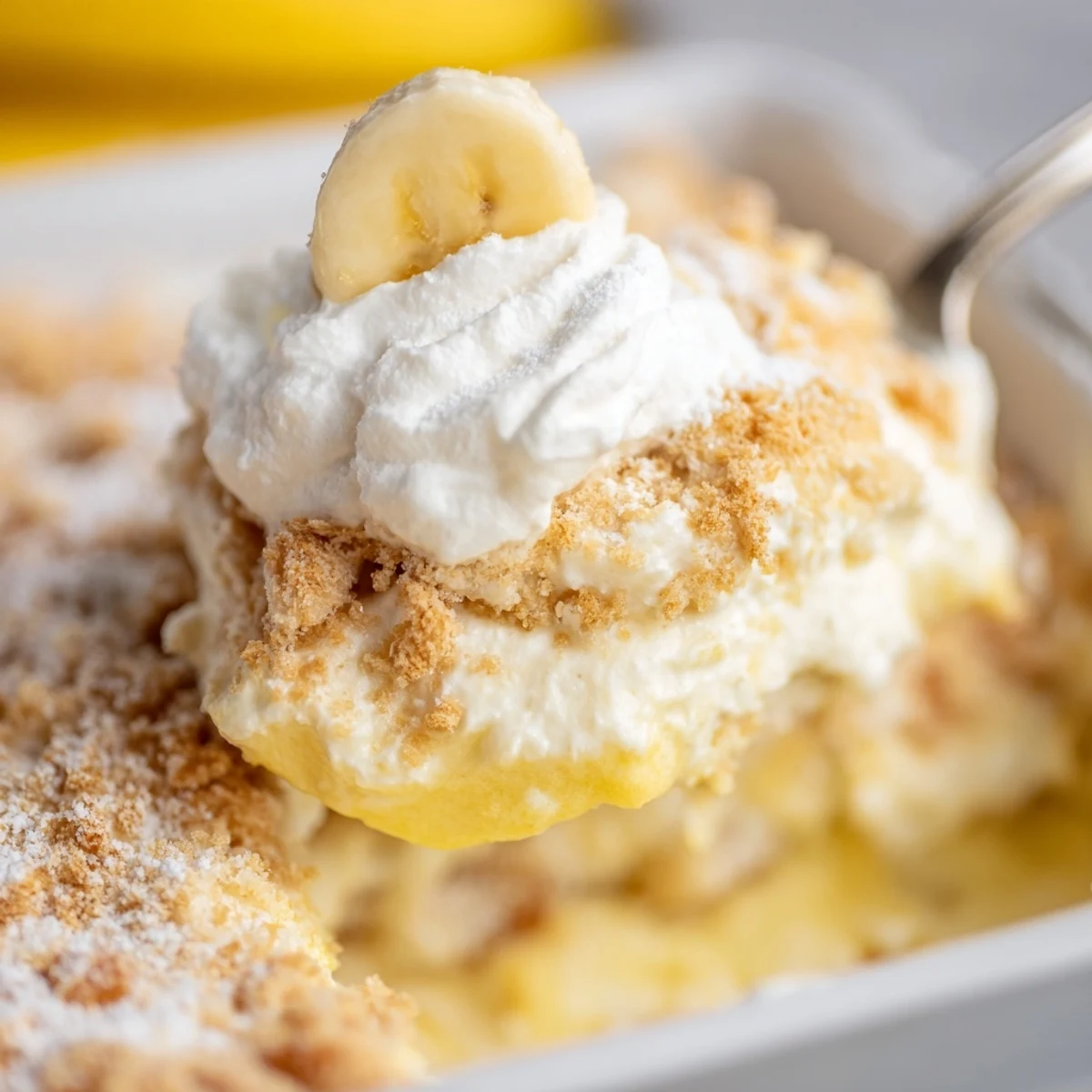 Warm yellow cake crumble covering creamy banana pudding cheesecake layers in a glass baking dish