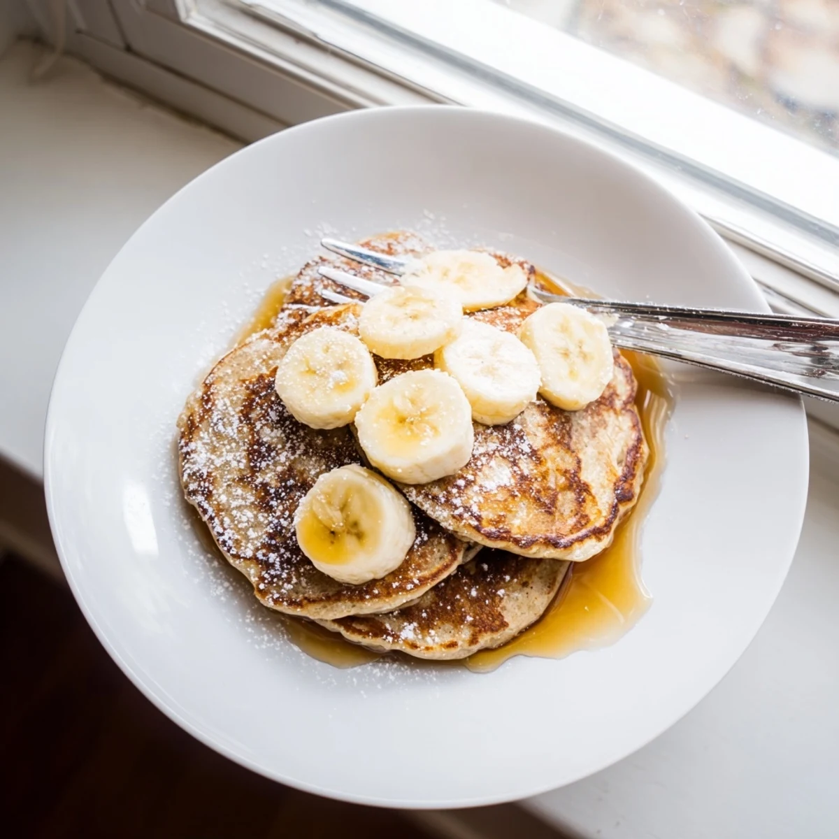 Golden stack of fluffy Greek yogurt banana pancakes drizzled with maple syrup