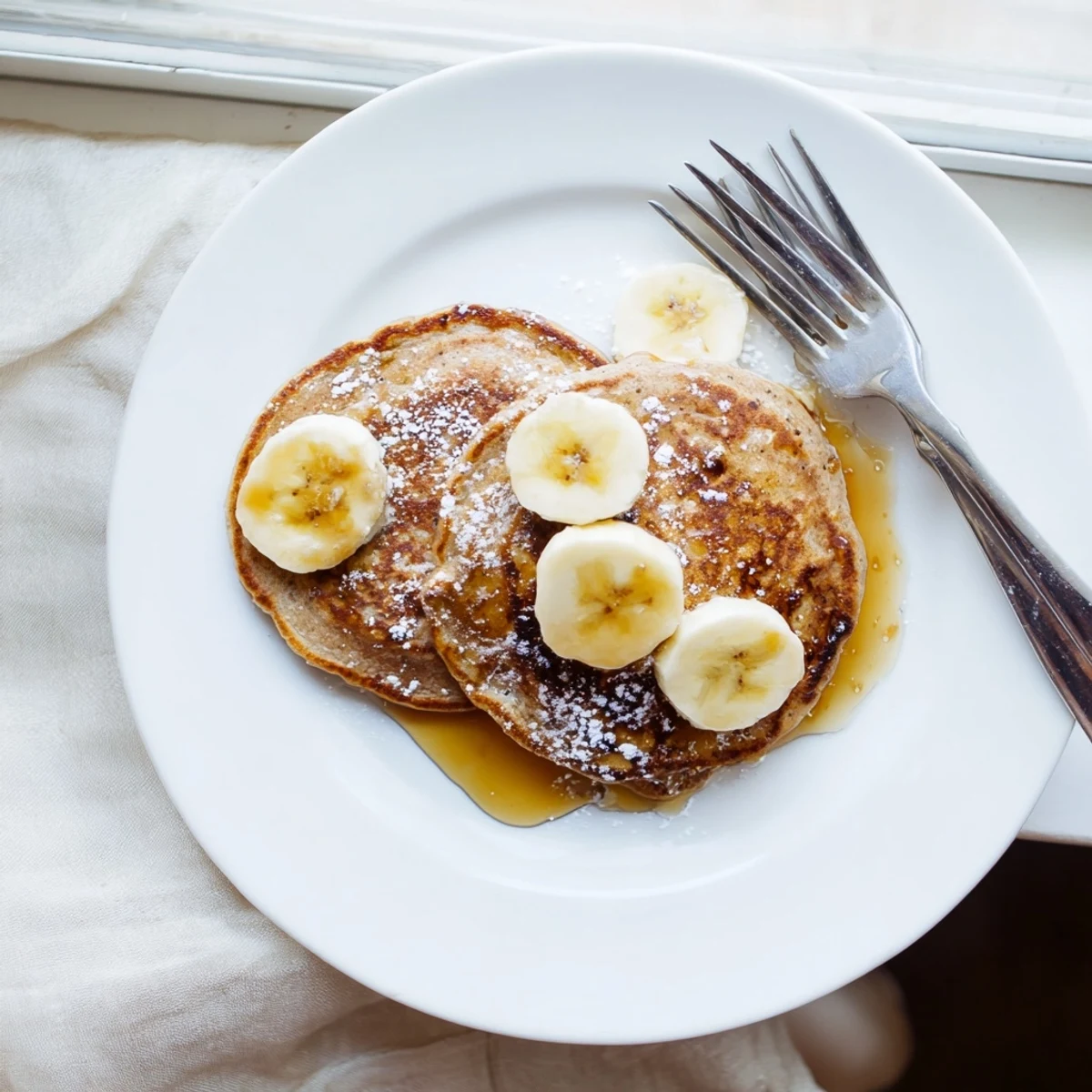 Protein-rich Greek yogurt banana pancakes topped with fresh banana slices and honey
